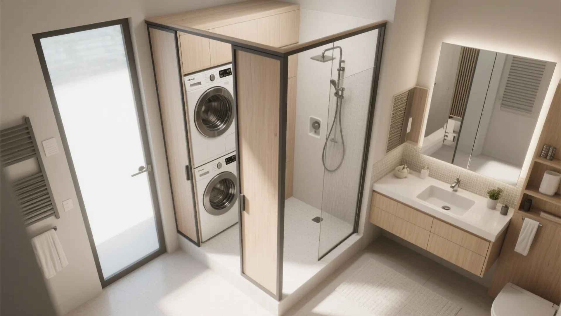 6'x6' combined laundry and bathroom with stacked washer behind bifold doors and compact shower.