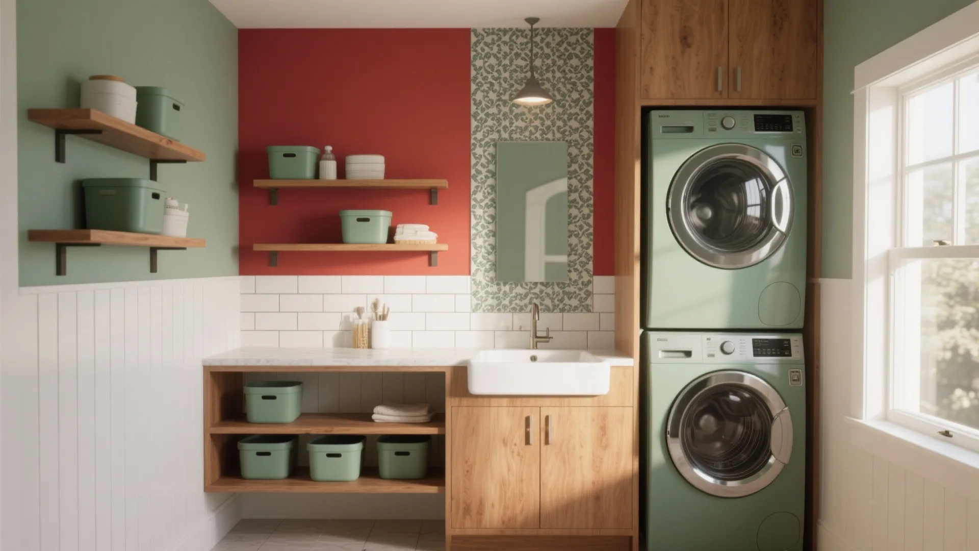 Bright laundry room with green washing machines wooden cabinets red walls and white wall panels