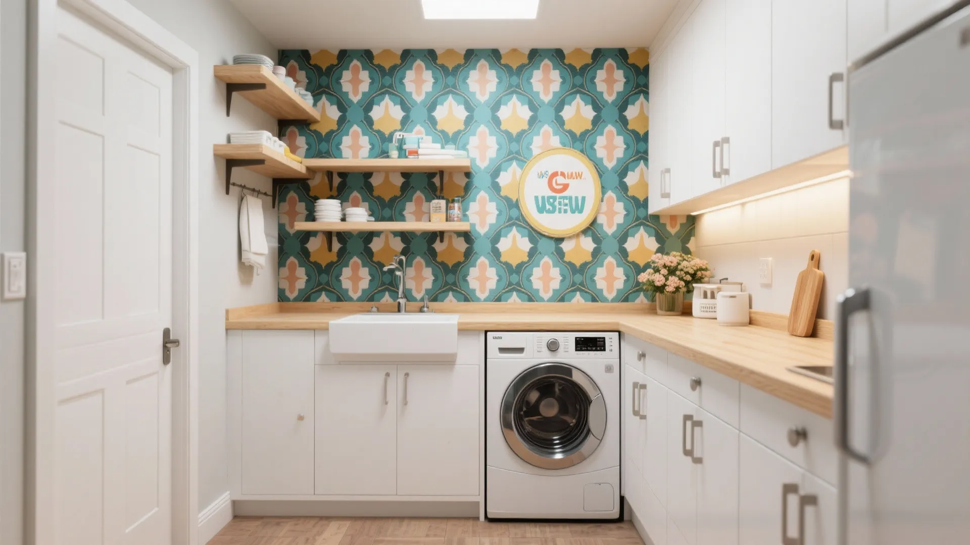 Laundry room with colorful patterned wallpaper open wooden shelves white cabinets washing machine and sink