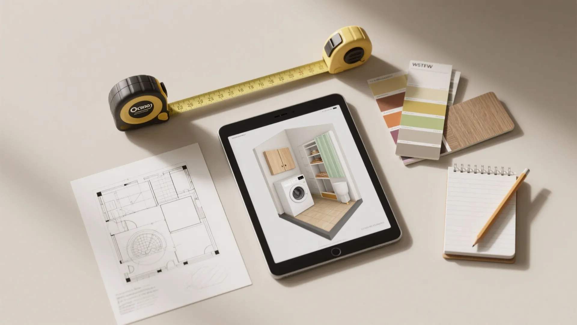 Interior design drawing on tablet surrounded by measuring tape color swatches and a small notepad