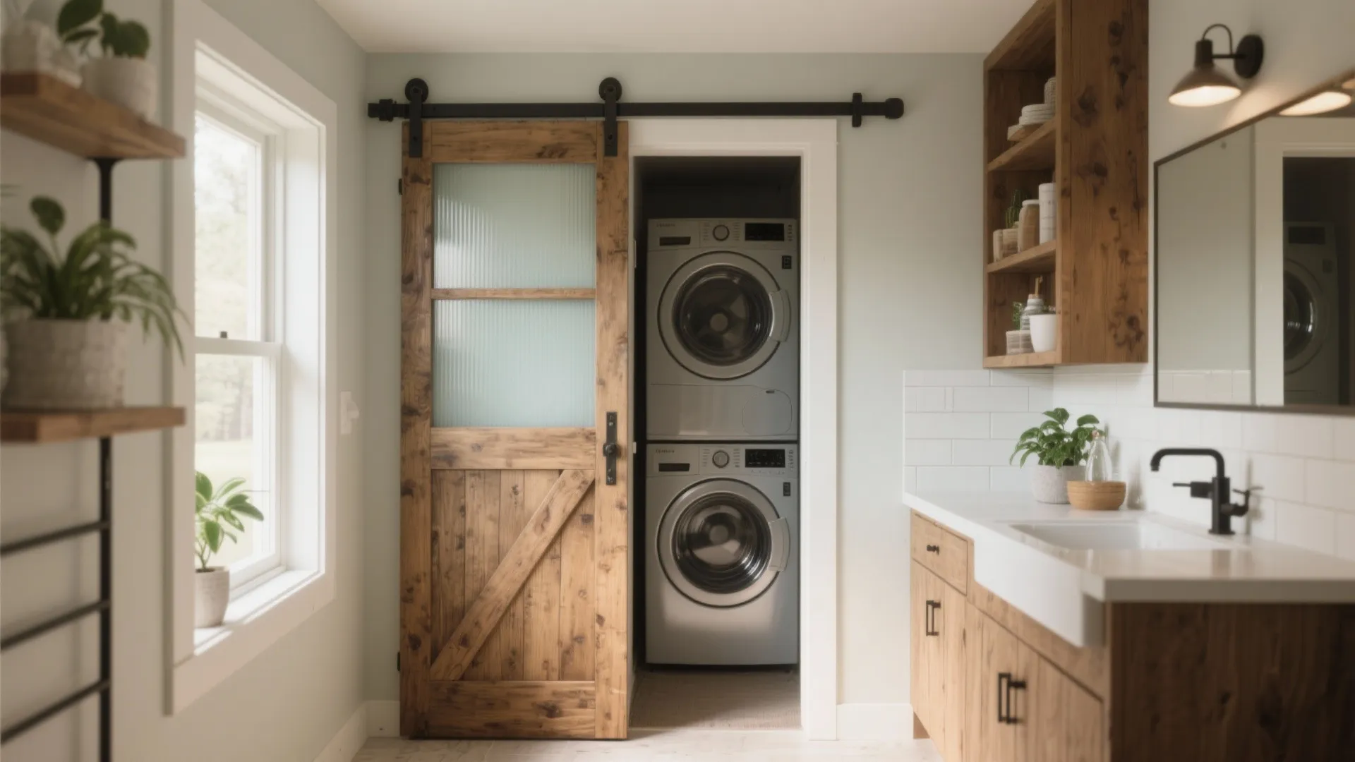 Laundry room with wooden sliding door featuring glass panels stacked washing machines and white cabinets