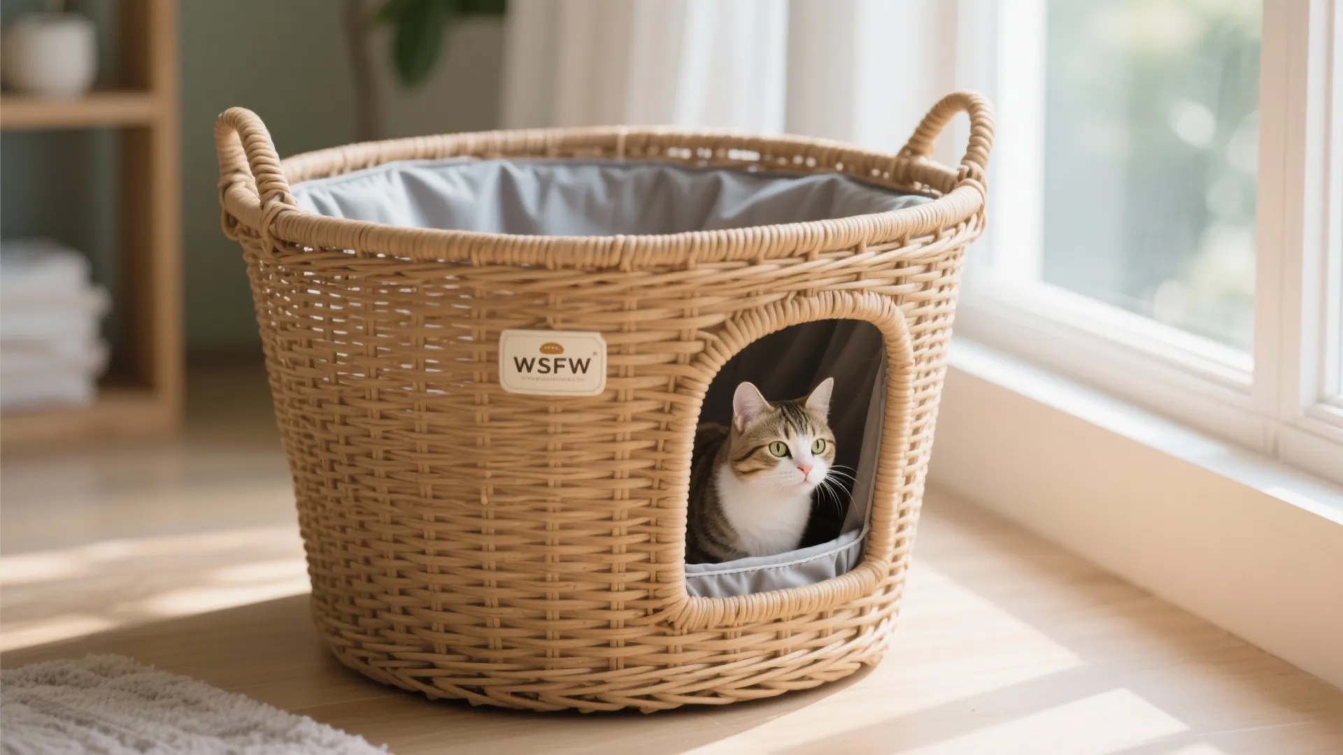 Brown woven laundry basket with handles used as a cat bed near a bright window