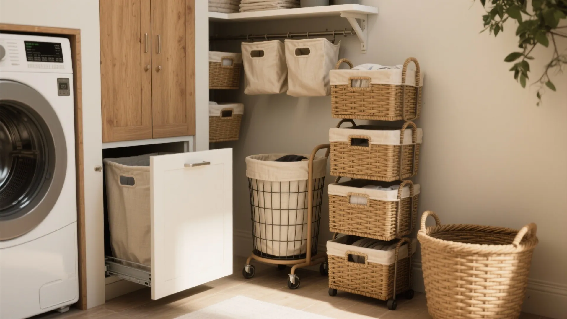 Laundry room interior with washing machine wooden cabinets and many woven baskets for storage and organization