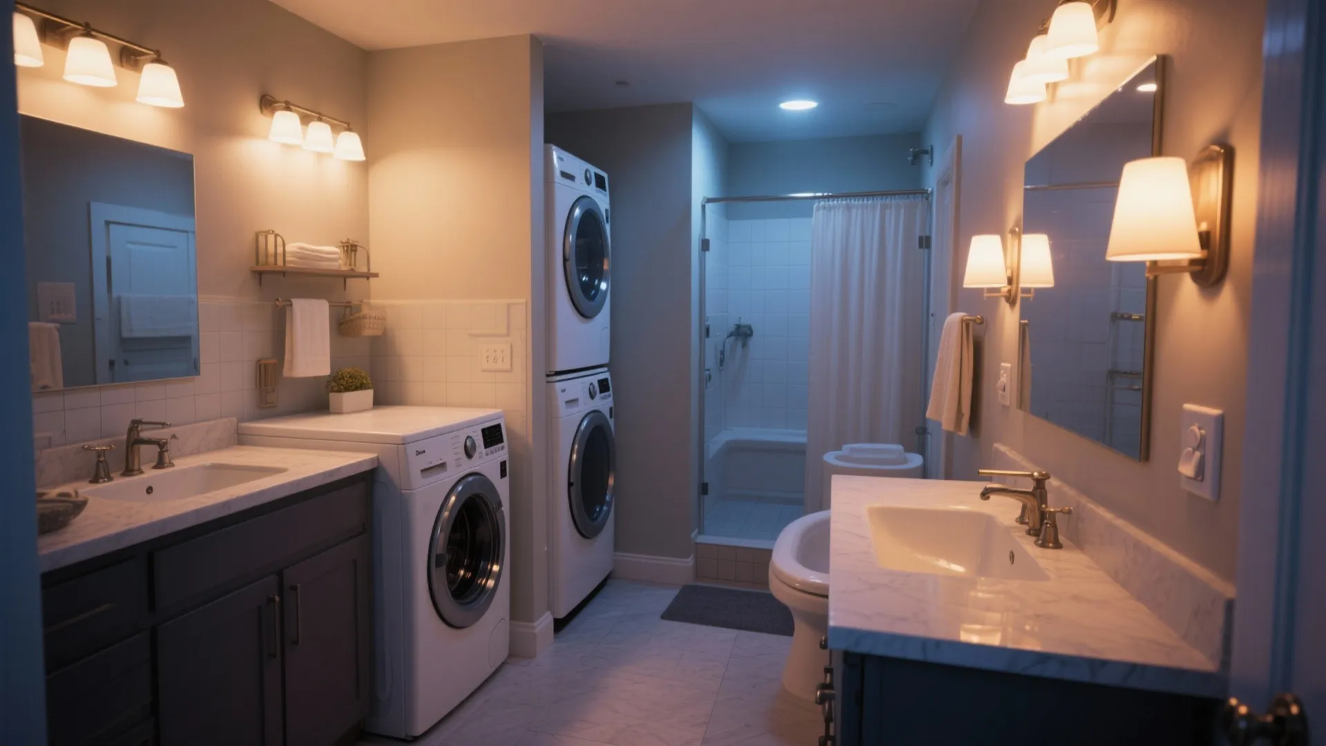 Modern laundry and bathroom interior design featuring washing machines, sinks, wall lights, and shower area
