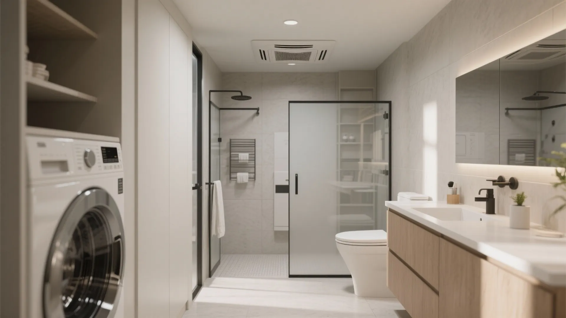 Contemporary bathroom layout with washing machine, glass shower door, wooden cabinet, and ceiling ventilation fan