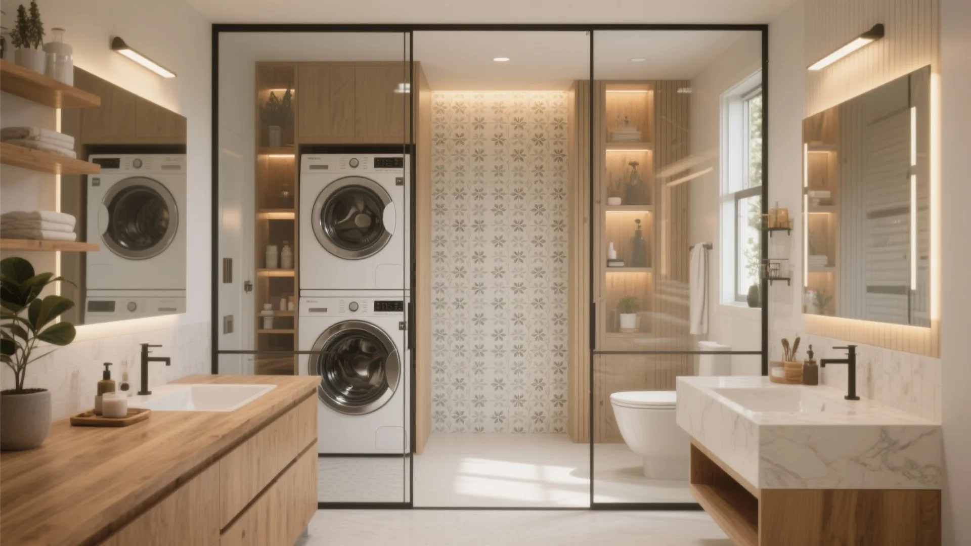 Spacious bathroom with stacked washing machines behind glass doors wood cabinets and double sink vanities