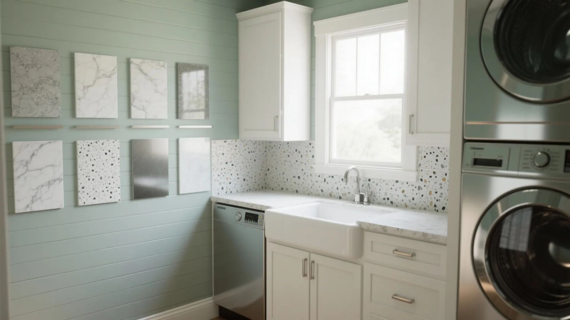 Laundry room with green wall panel, white cabinets, stone material samples, sink, and stacked washing machines