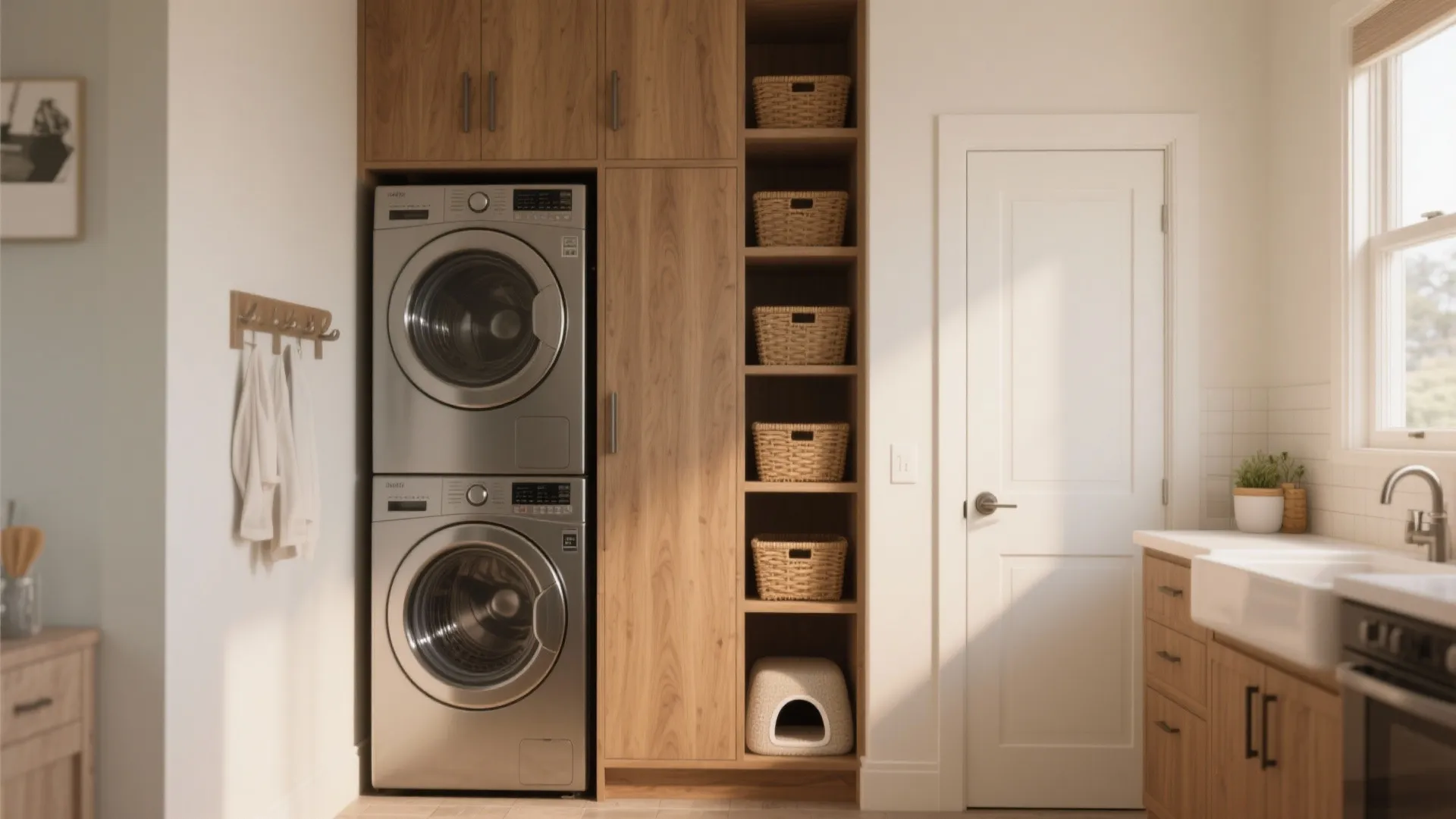 Laundry room featuring stacked machines, wooden cabinets with storage baskets, and a white farm sink