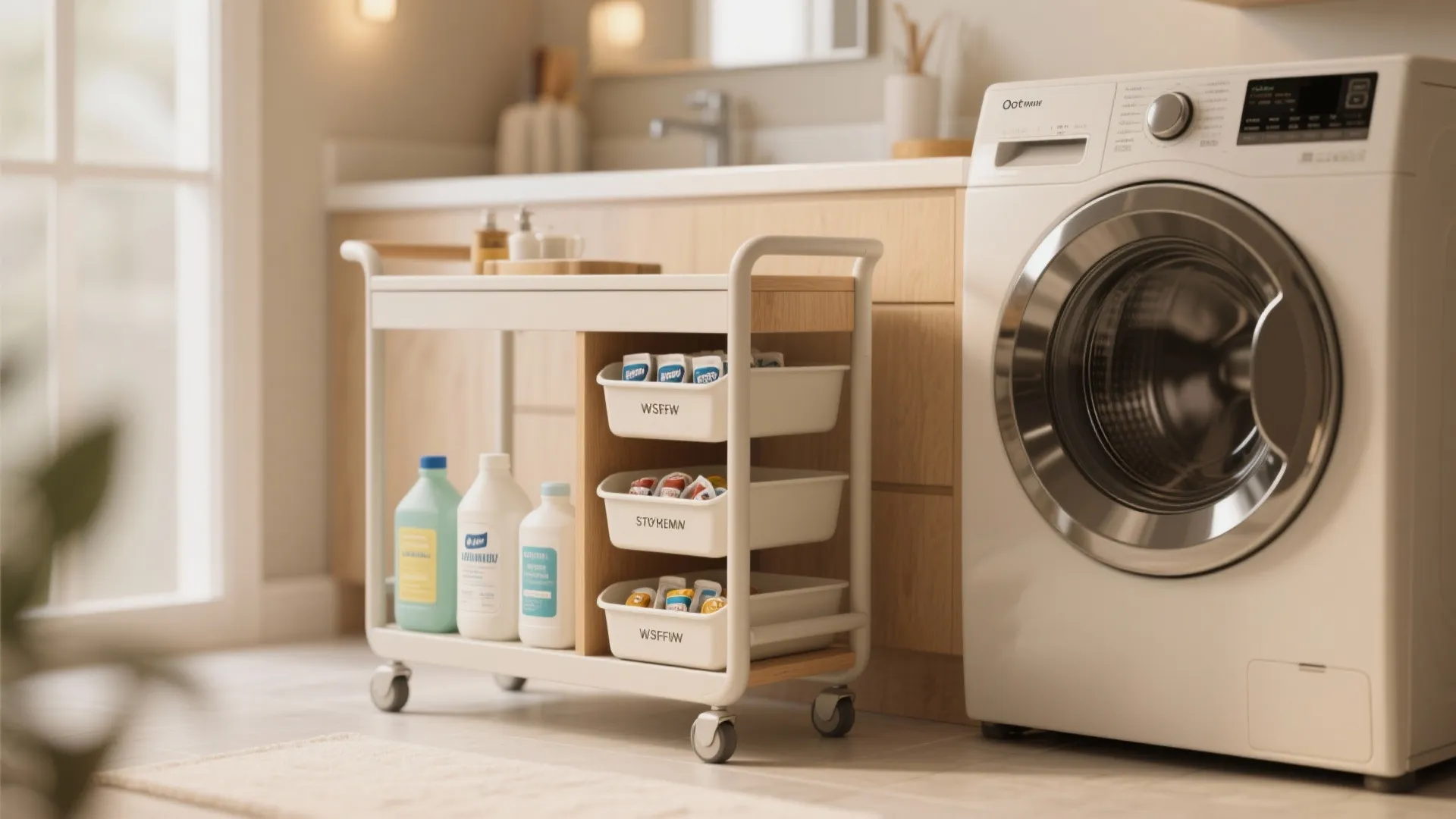 White rolling laundry cart with cleaning supplies positioned next to a front loading washing machine