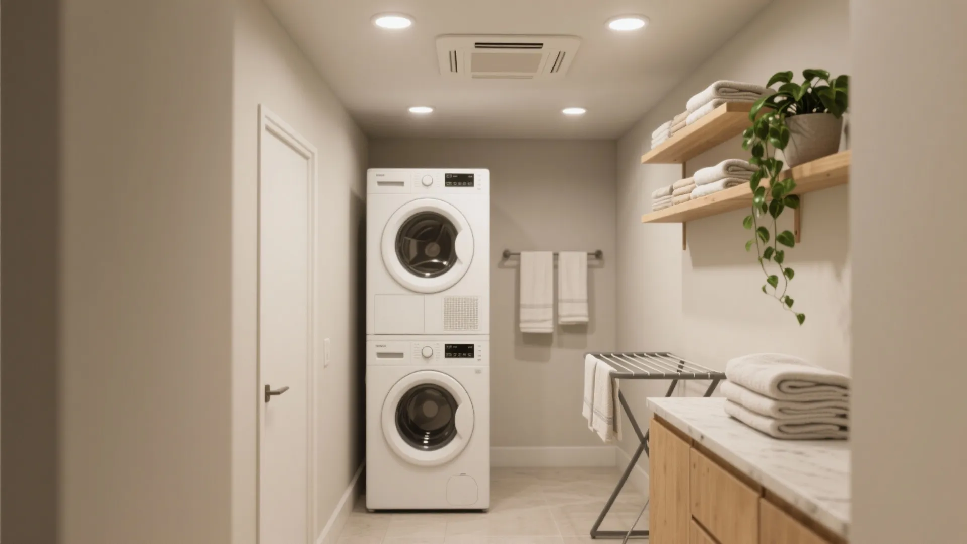 Modern laundry room featuring stacked white washing machines wooden shelves with green plants and ceiling lights