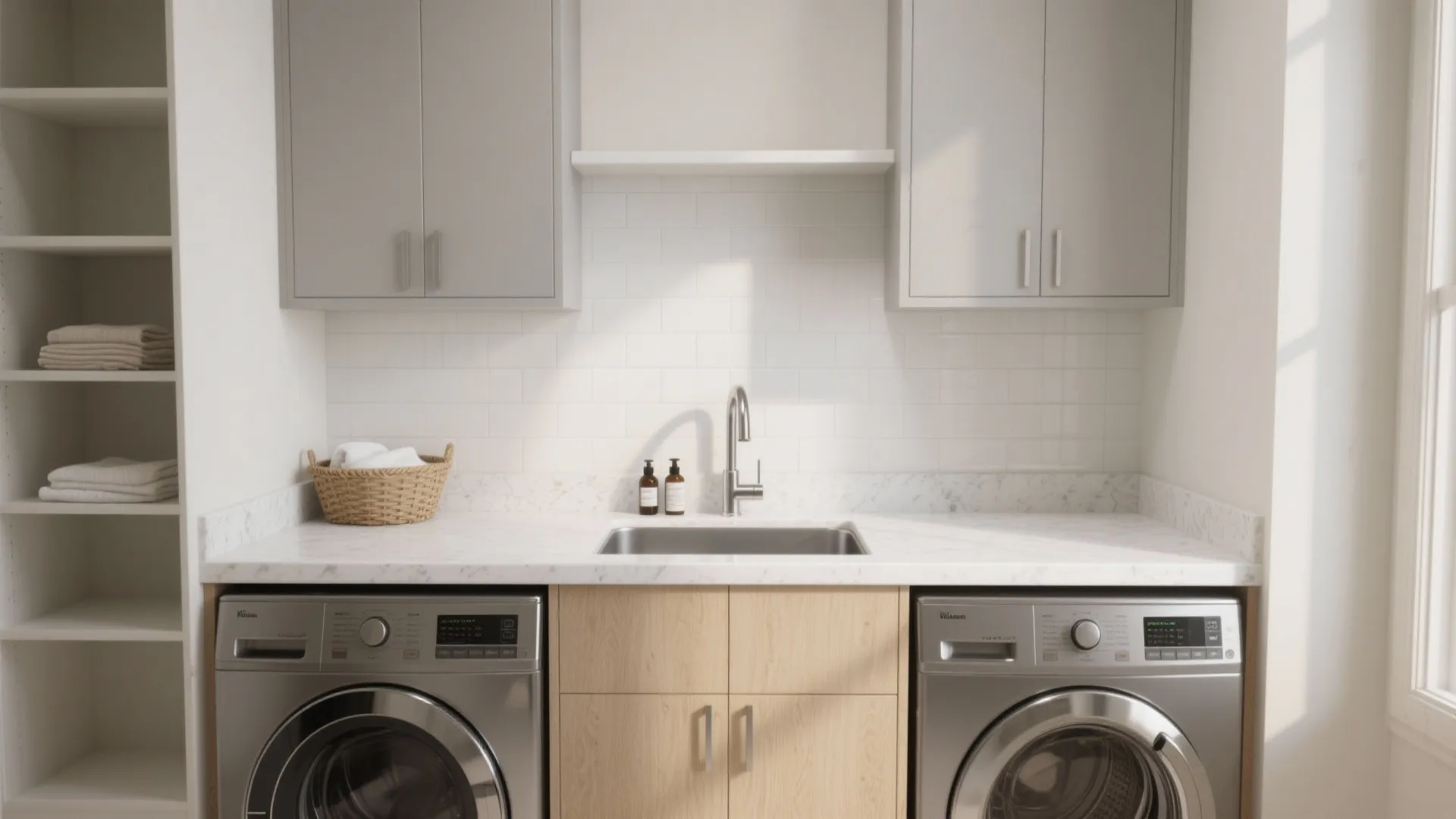 Modern laundry area featuring silver appliances marble countertop white tiles wooden storage cabinets and sink