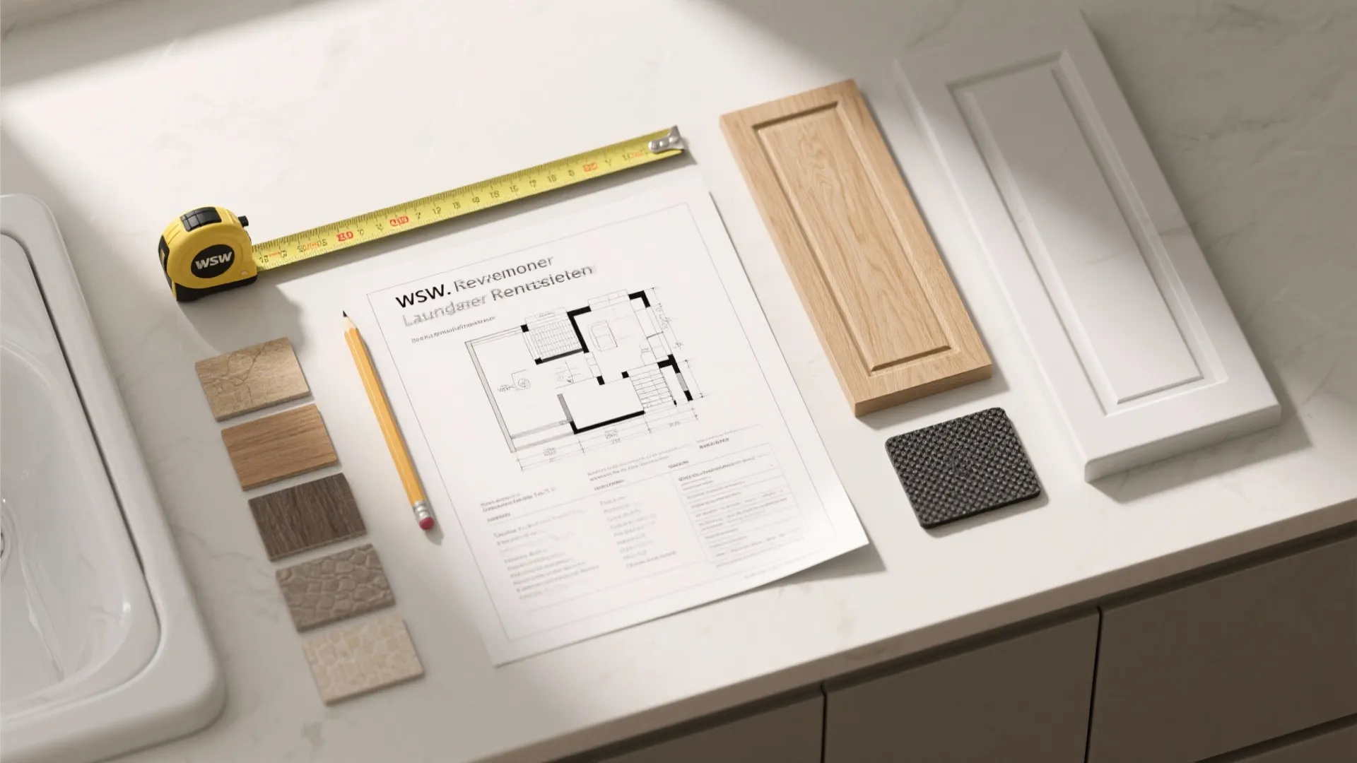 Interior design drawing with measuring tape pencil wood samples and cabinet doors on a white countertop