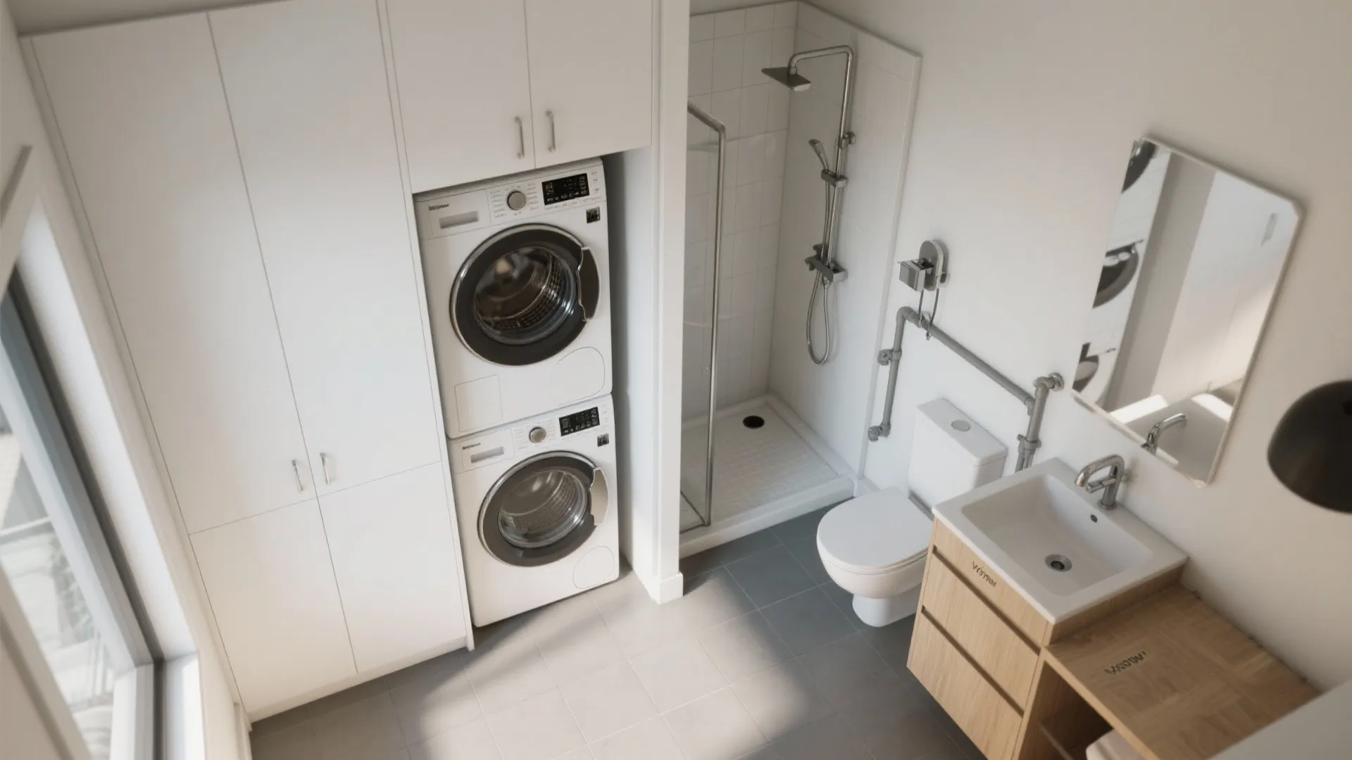 Modern white laundry room layout featuring stacked washing machines next to a shower and toilet