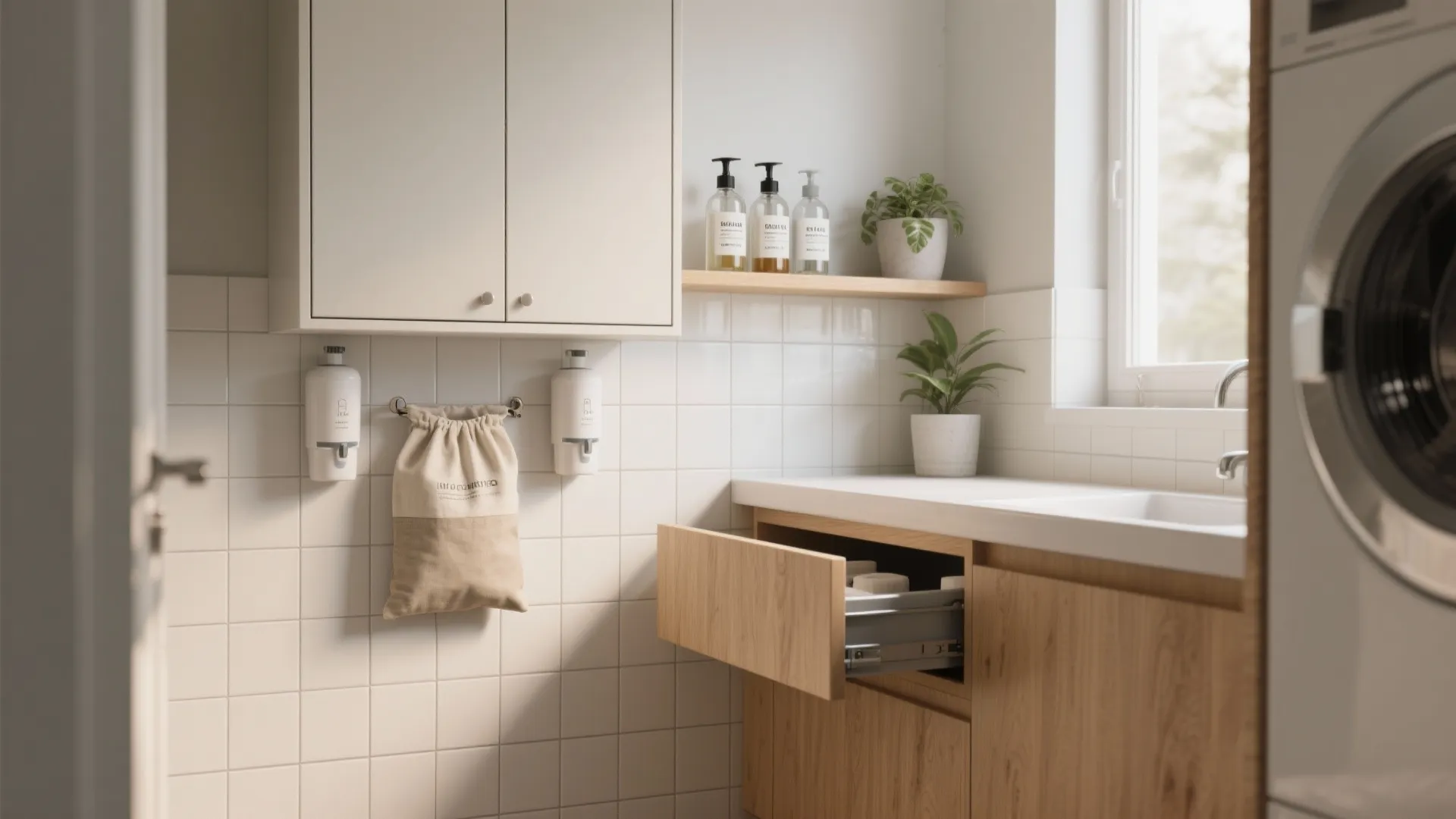 Modern laundry room with white wall tiles wooden cabinet open drawer wash sink and washing machine