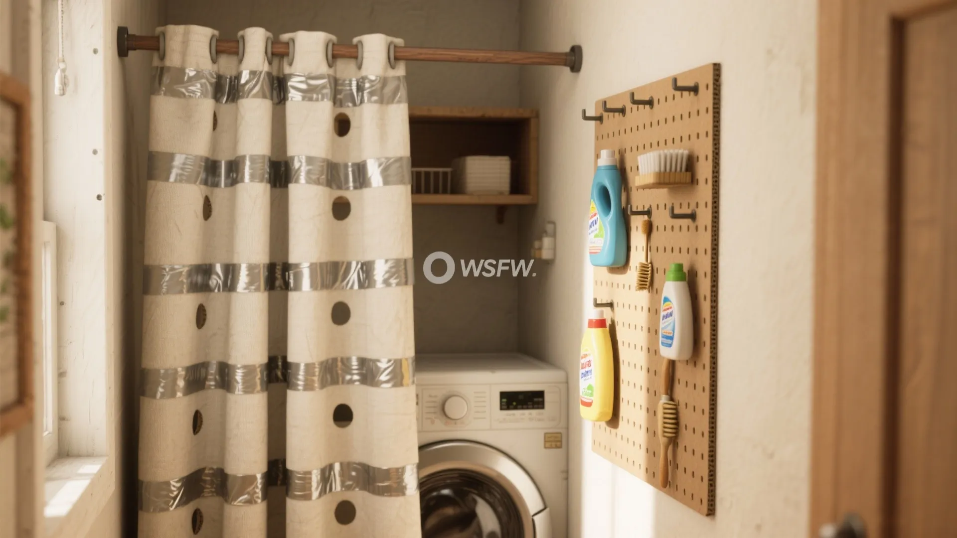 5. Laundry Corner Curtain and Pegboard Organizer