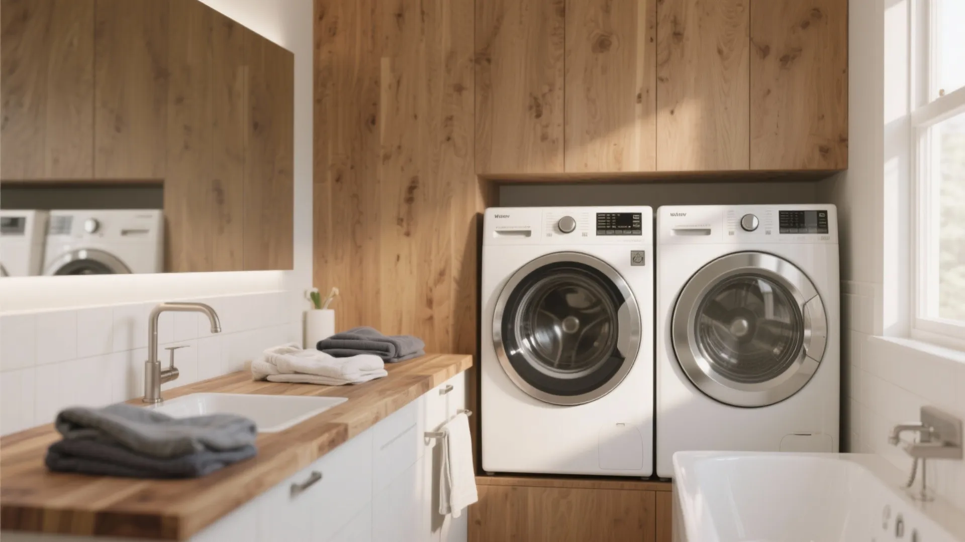 White laundry machines under wood cabinets next to a sink with a wood countertop layout