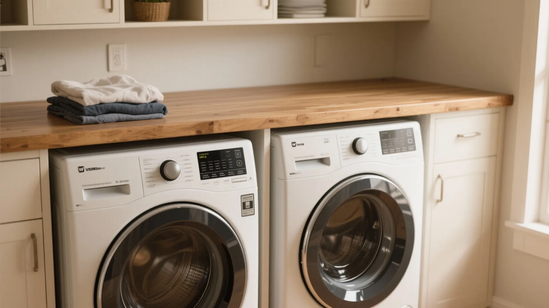 Modern laundry room featuring white washing machines side by side under a natural wood countertop