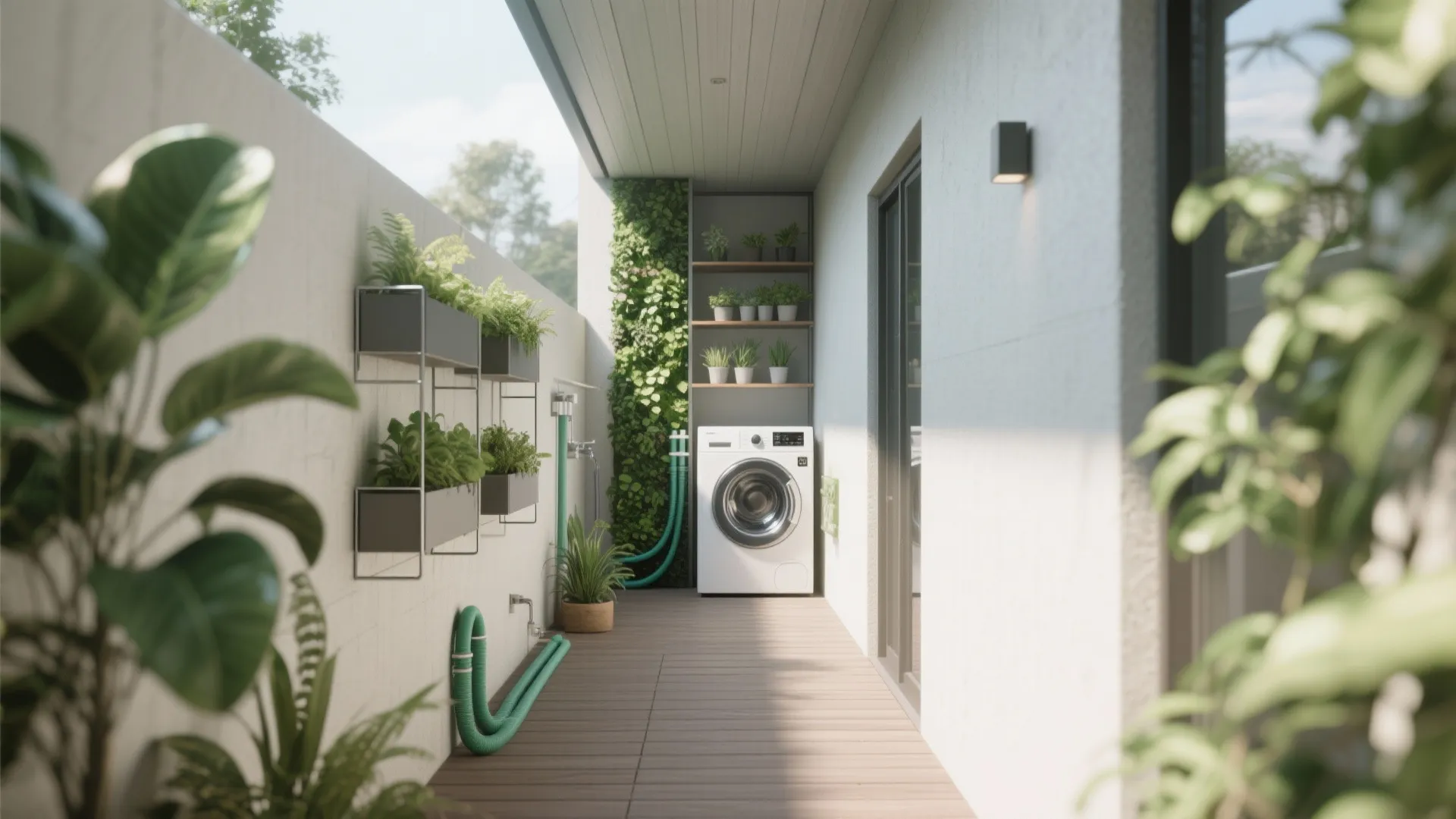 Long narrow balcony laundry space with white washing machine green plants and wooden floor boards