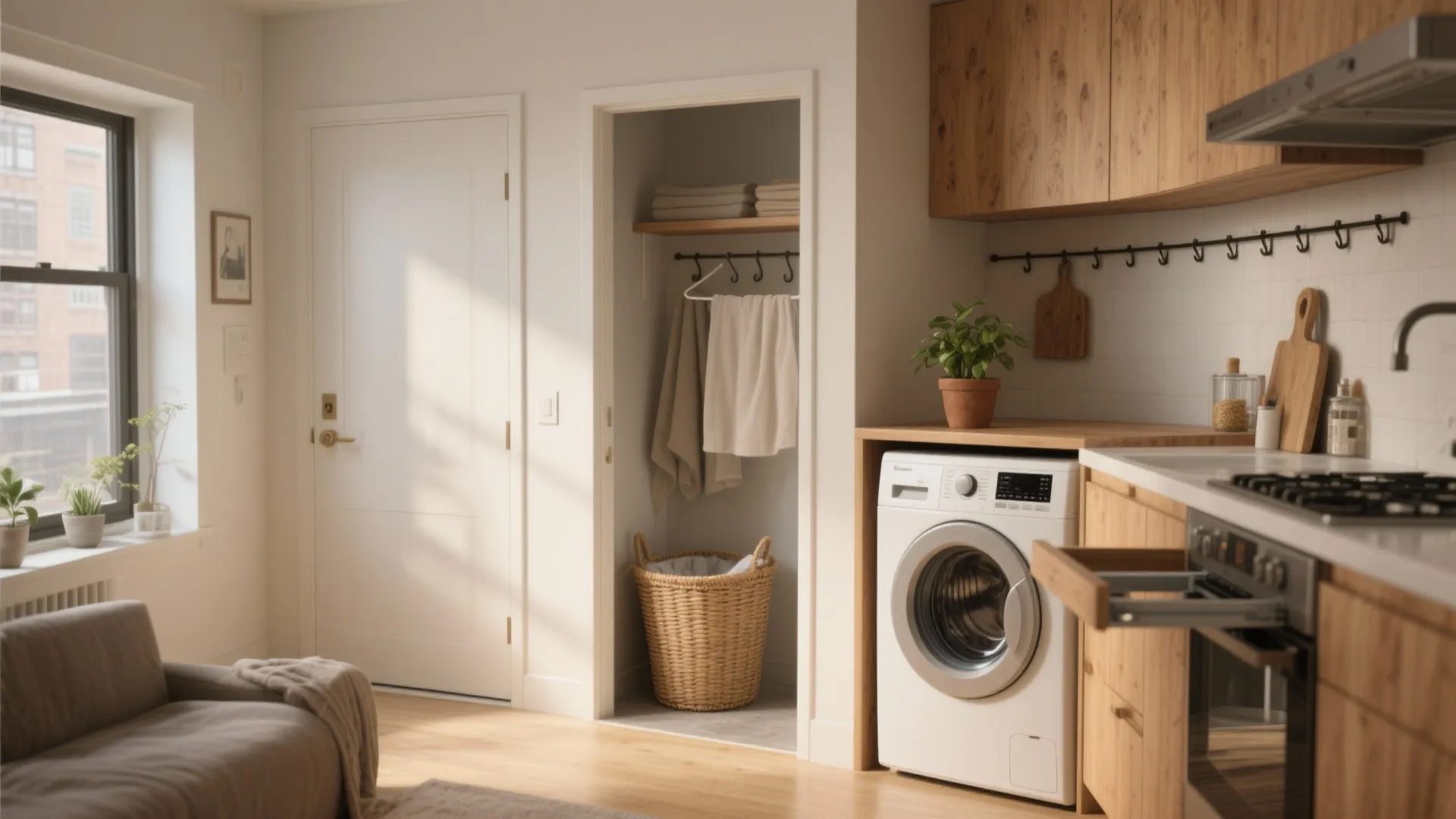 Modern kitchen with wood cabinets and white washing machine near laundry basket in small closet