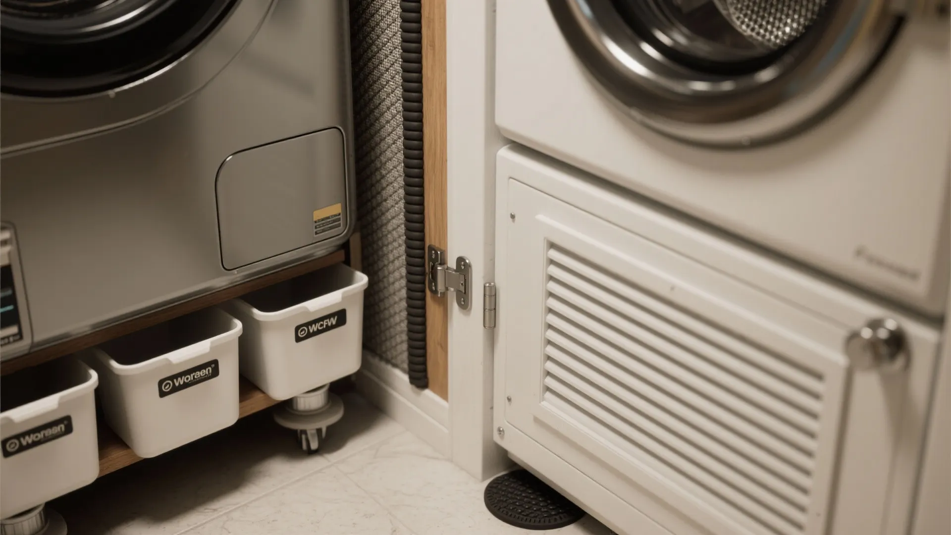Close up of washing machine bottom area with white storage baskets and vented white cabinet door