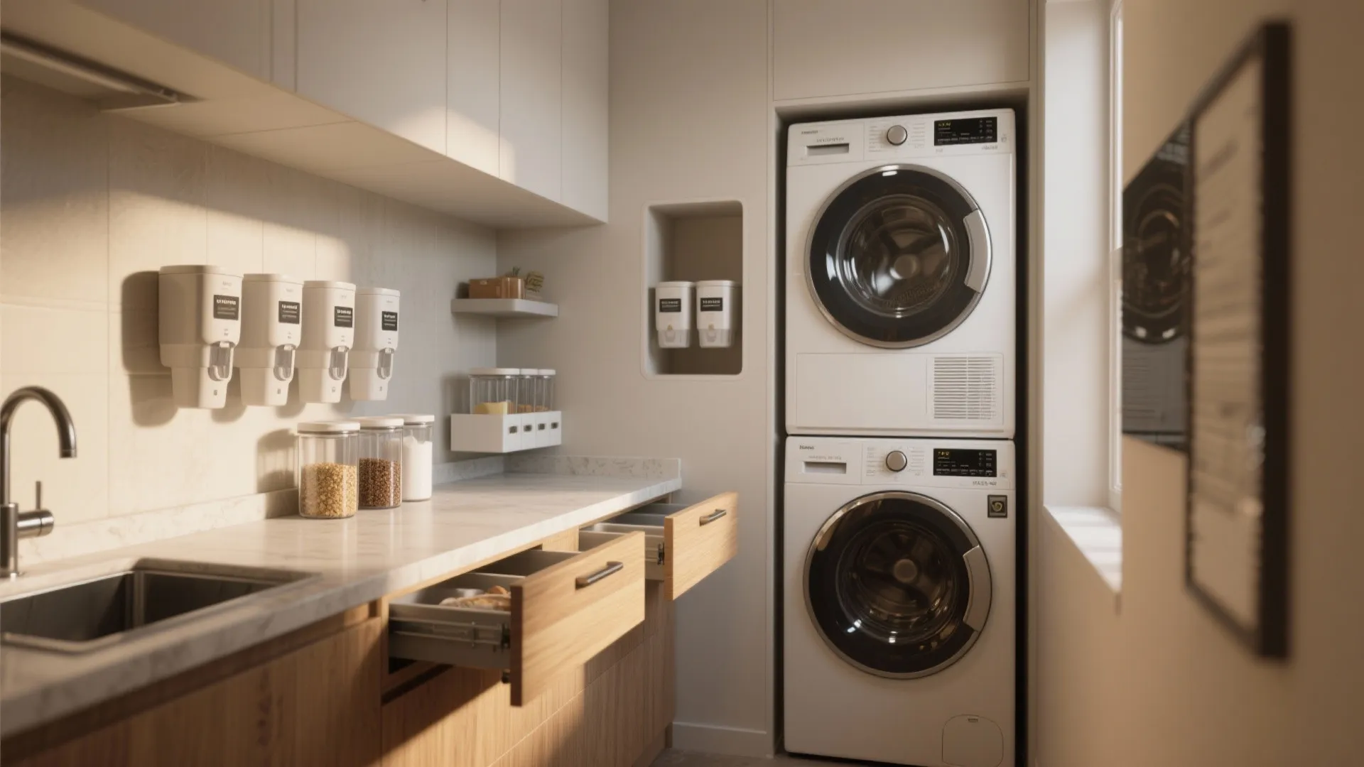 Laundry room with stacked washing machines wall mounted soap dispensers and wooden cabinets with drawers