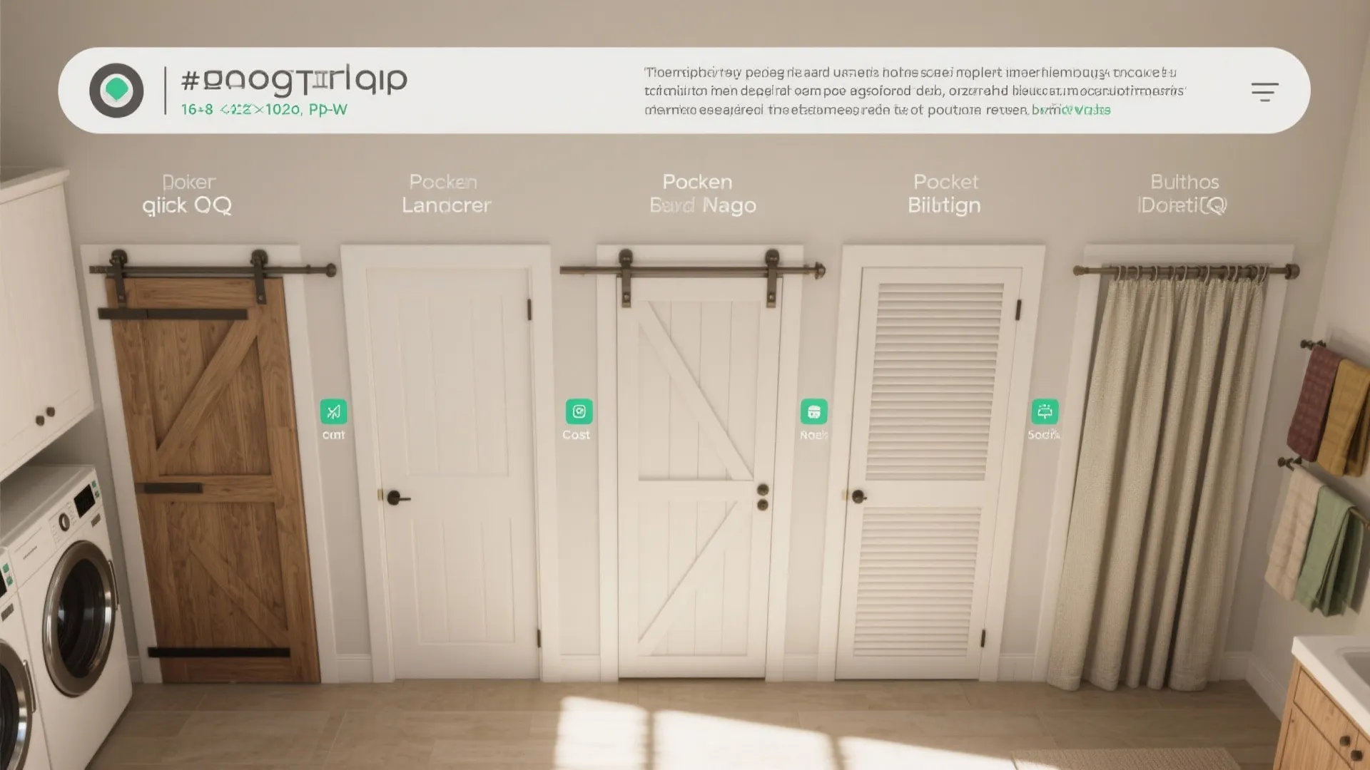 Infographic showing five different door styles for laundry rooms including sliding wood and white doors