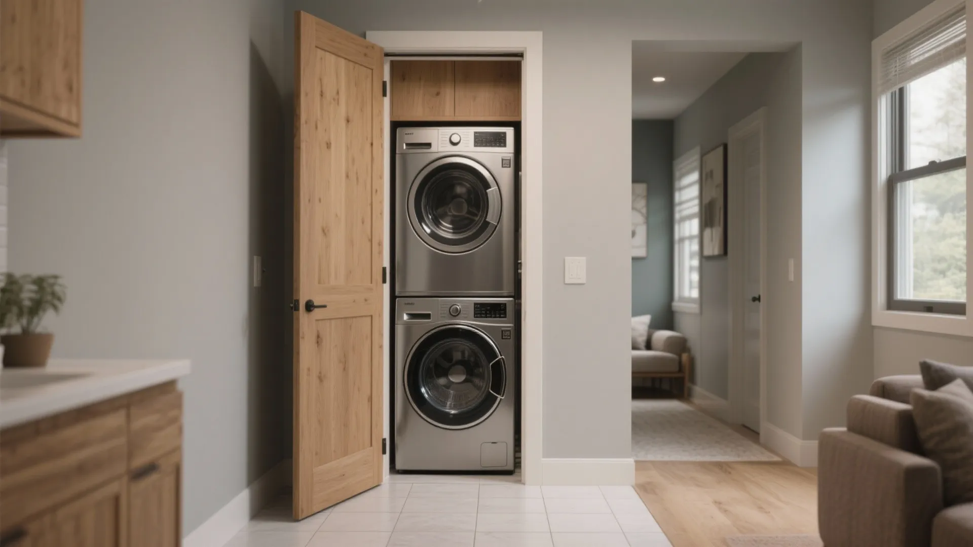 Modern stacked silver washing machine and dryer inside a closet with a light wood door open