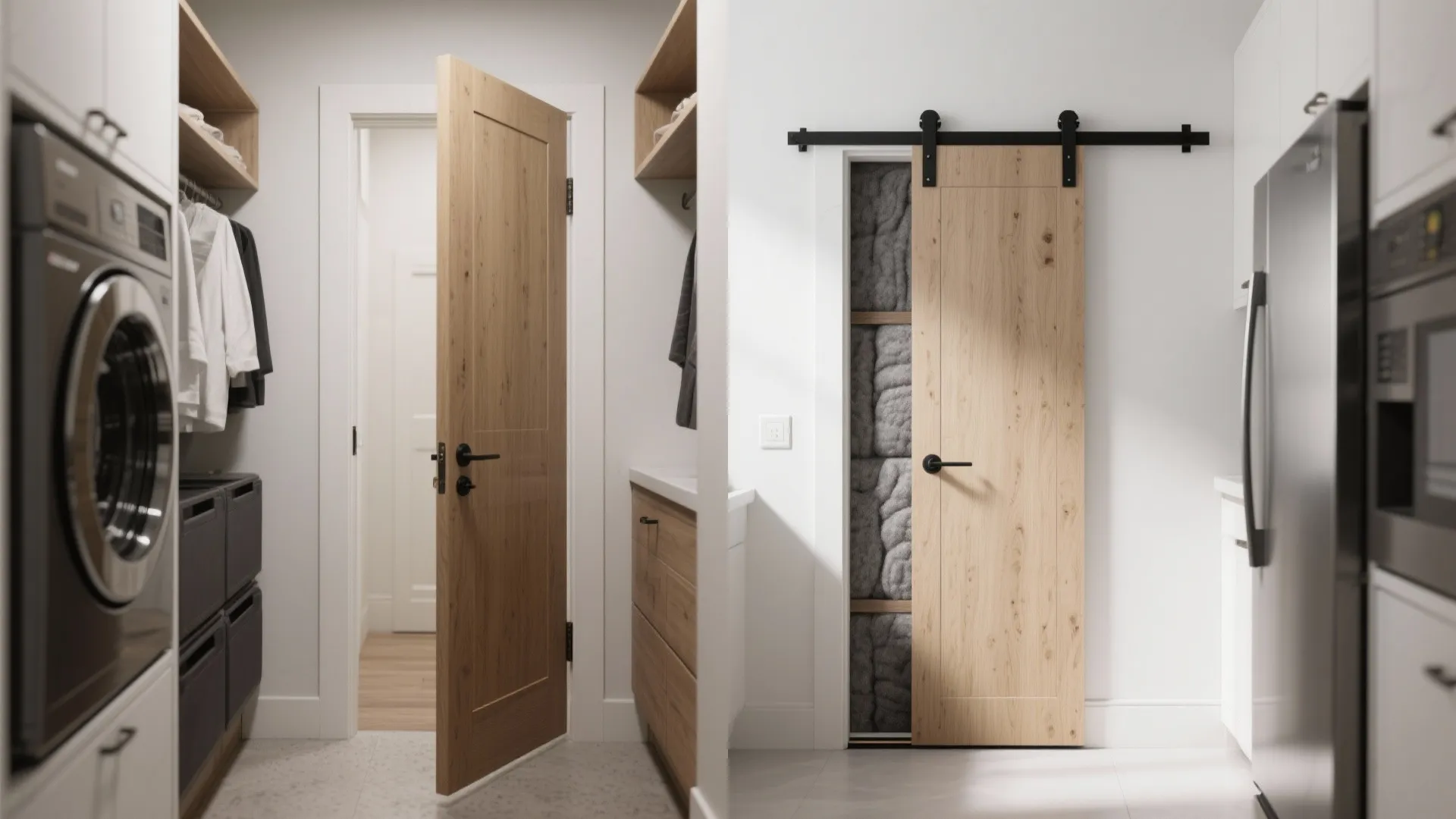 Comparison of a hinged wood door and a sliding barn door in a modern laundry