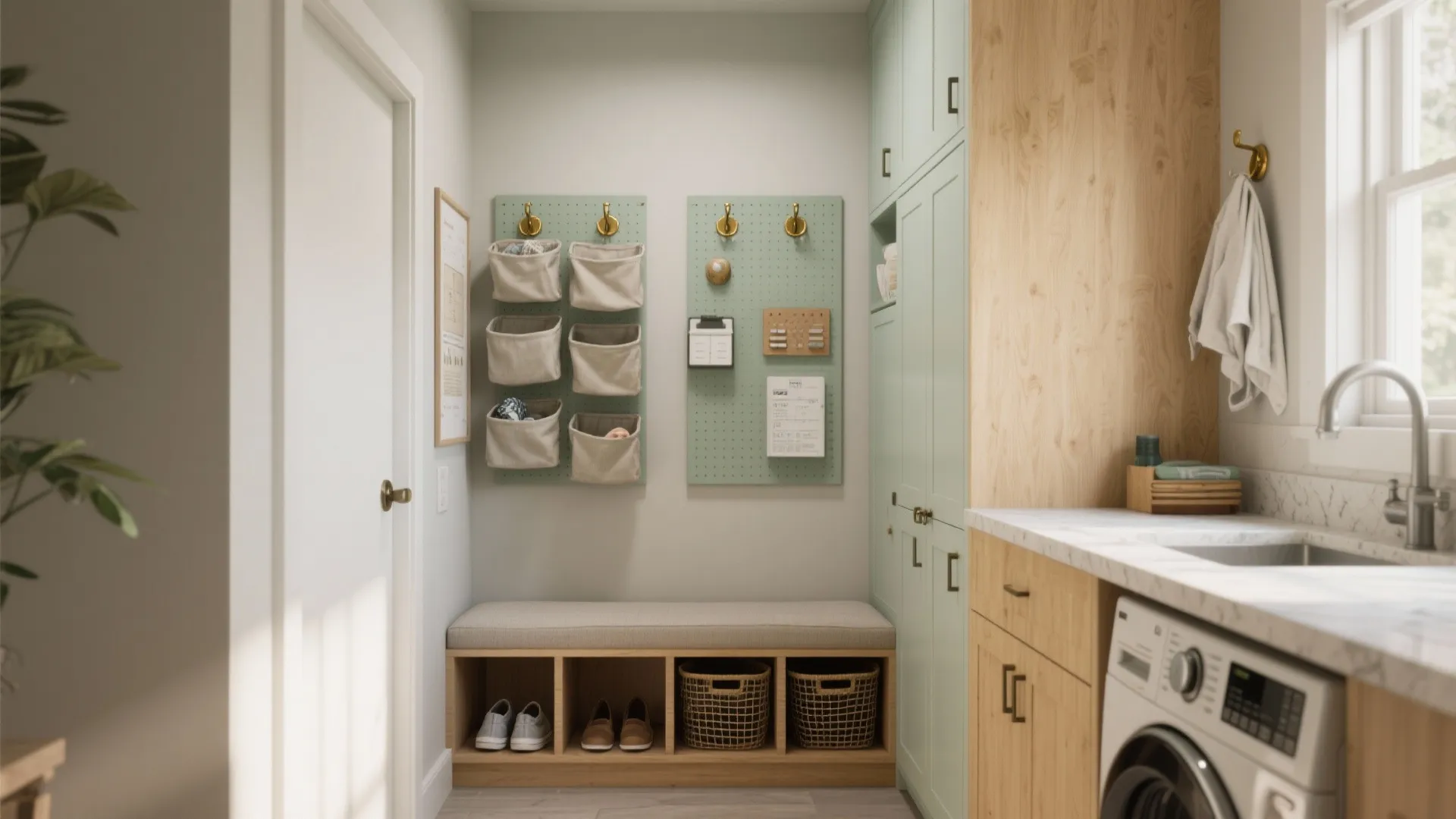 Organized laundry room with storage bench, mint green cabinets, washing machine, and wall mounted boards