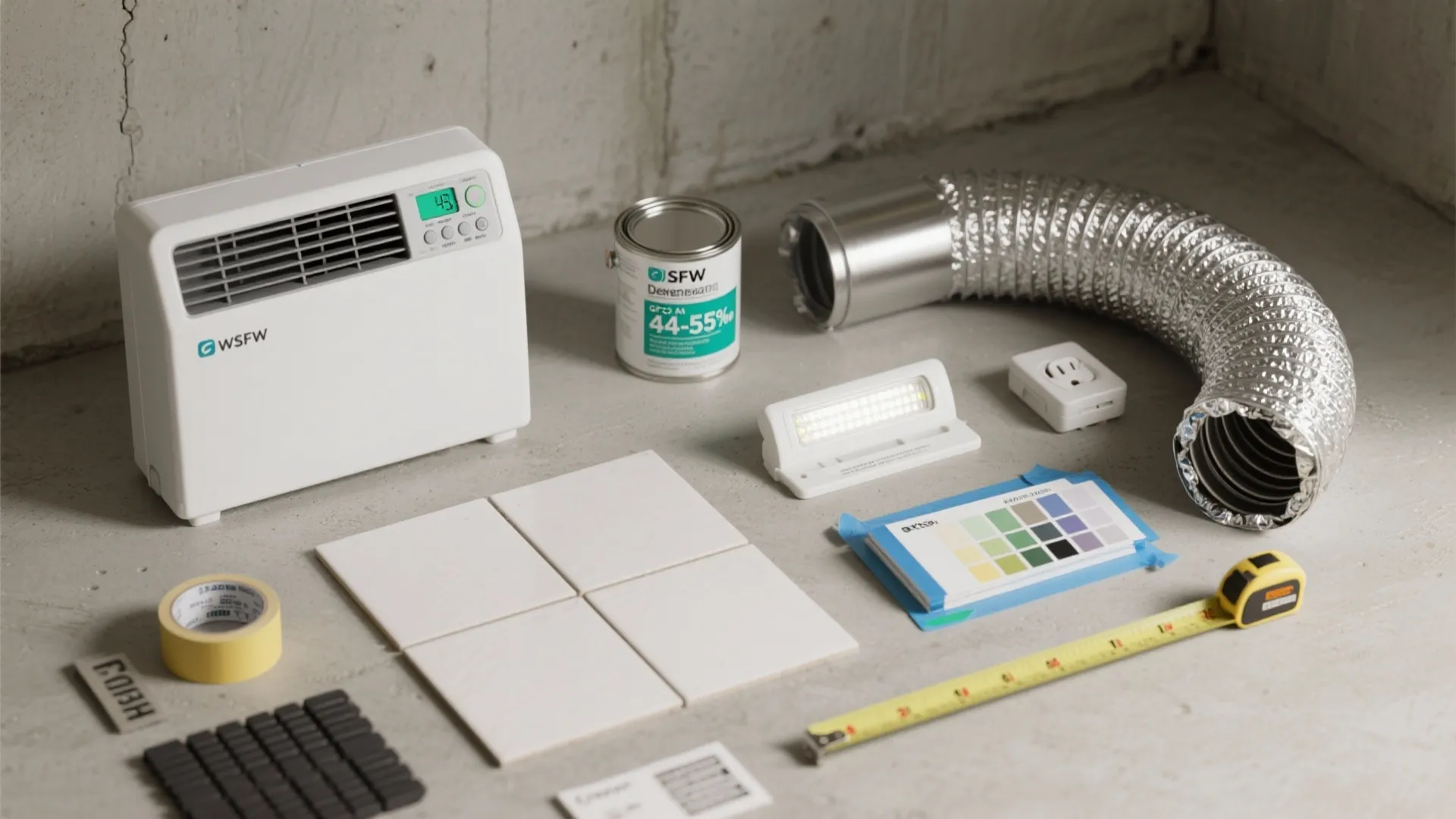 Collection of home renovation tools including tiles paint can measuring tape and portable air heater