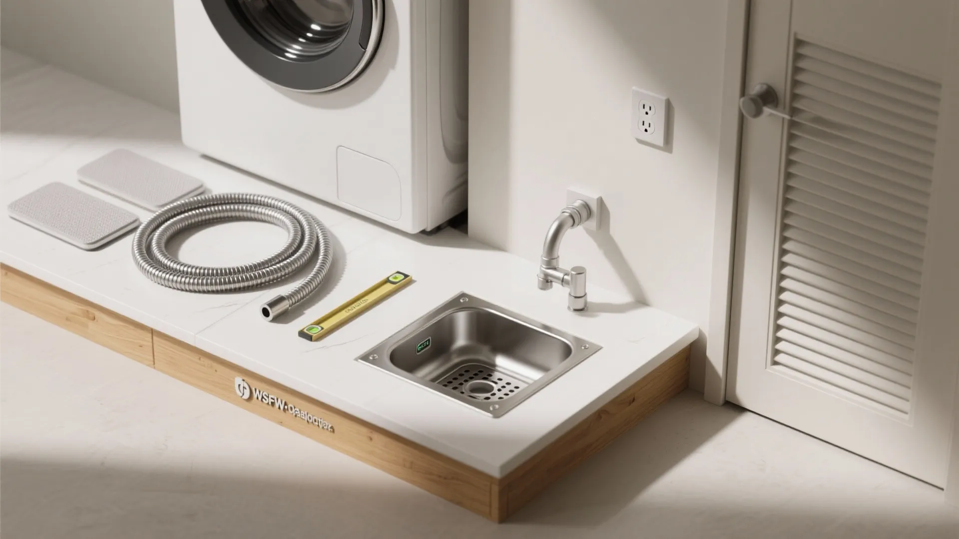 Flat lay of vibration pads, braided hoses, drain pan, leak sensor, and GFCI outlet