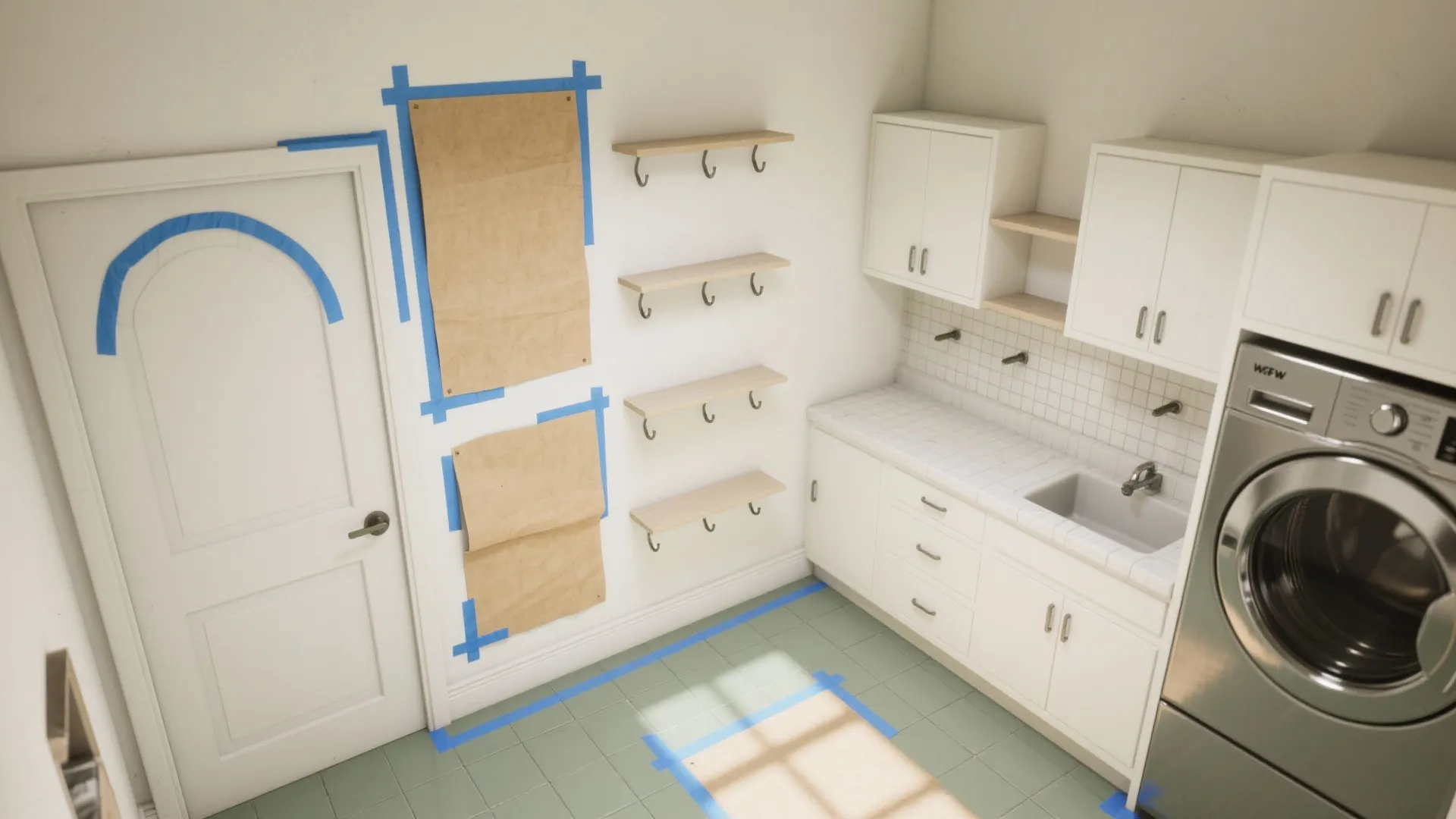 Interior design drawing of a laundry room with blue tape planning for cabinets and shelves