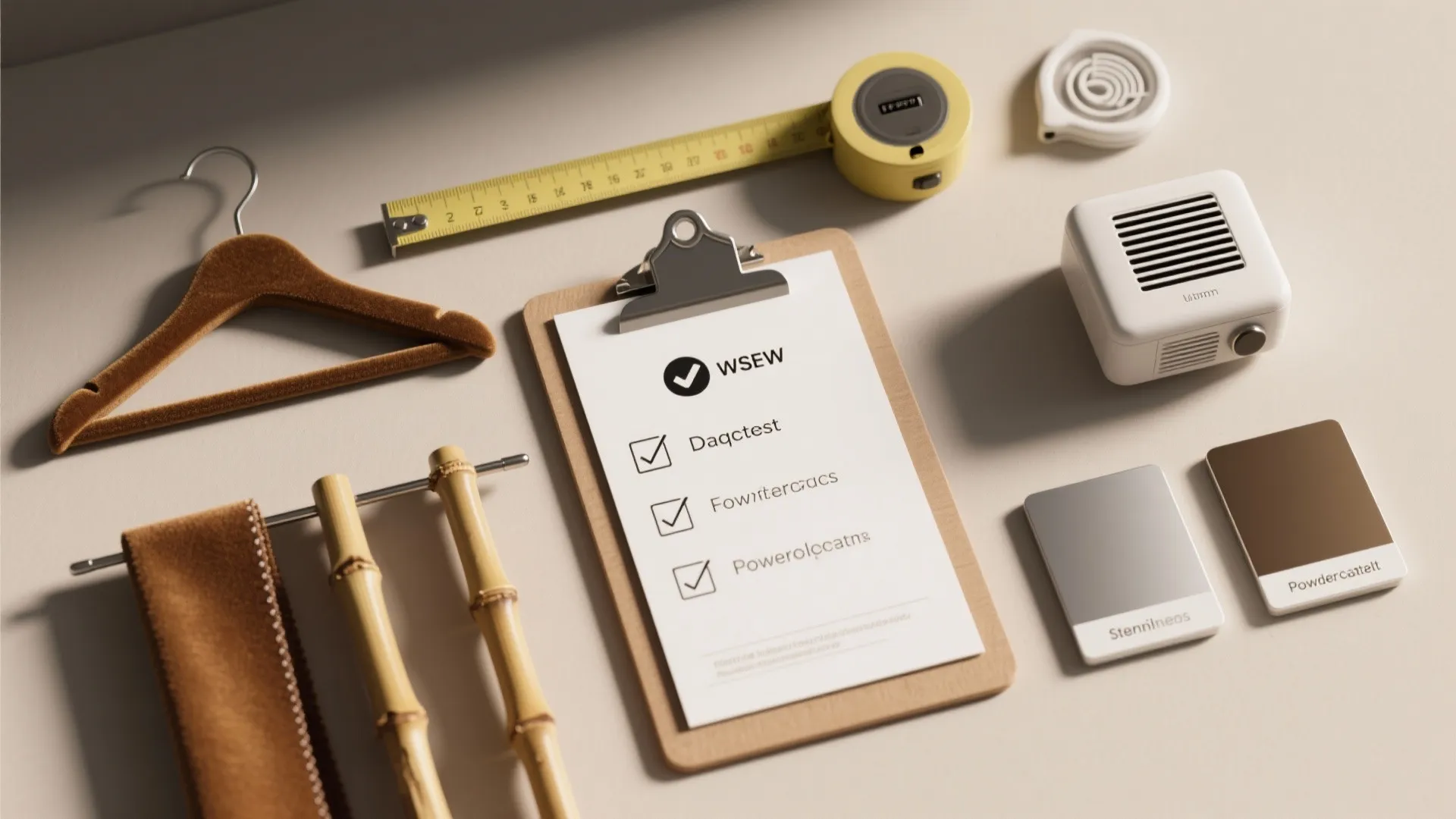 Laundry organization tools including a checklist clipboard yellow tape measure brown hanger and color swatches