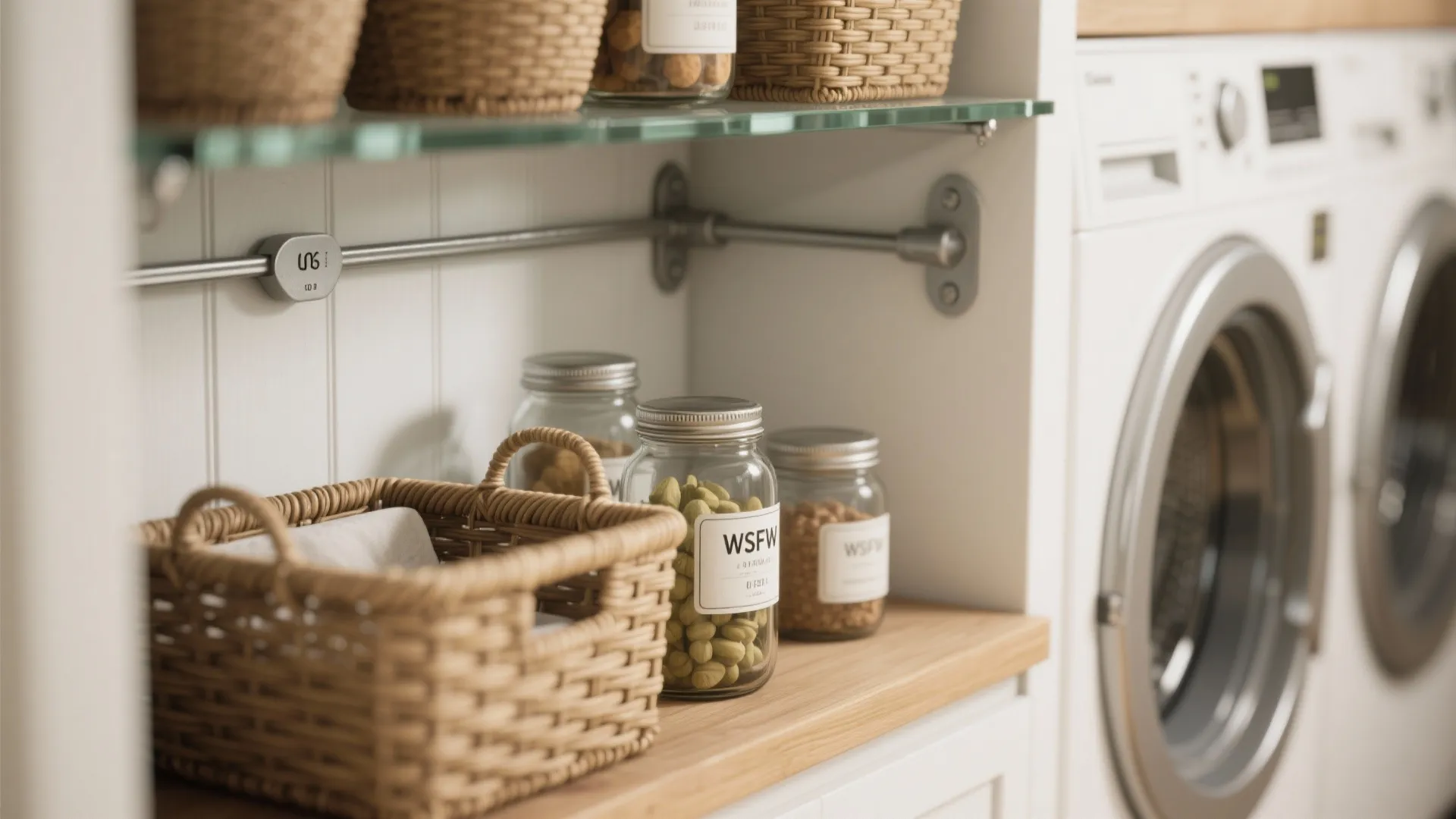 Close up of wooden counter with glass storage jars and woven basket in laundry room