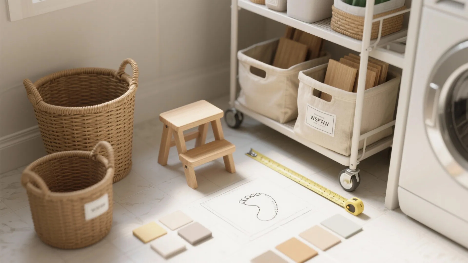 Flatlay of laundry organization items including baskets, step stool, canvas bins and material swatches.