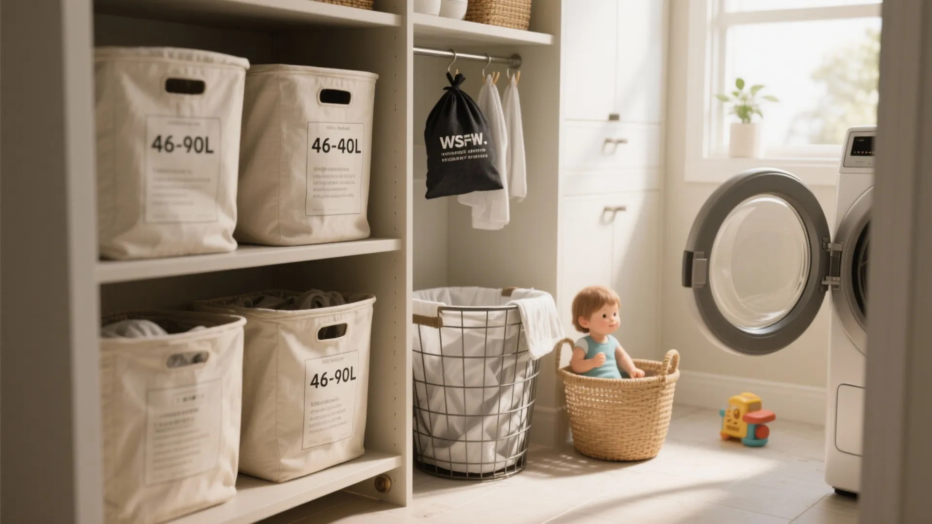 Laundry room storage area with white shelving units holding labeled fabric baskets and washing machine