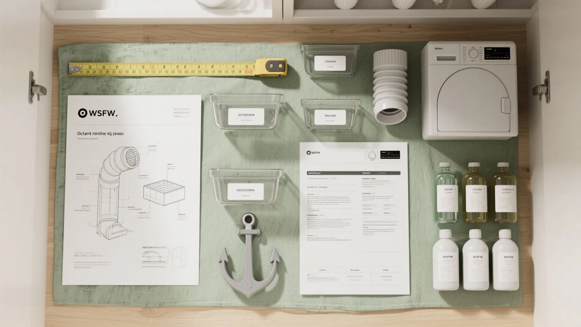Flatlay of measuring tape, duct sample, anchor types, spec sheet and clear bins illustrating laundry closet FAQ items.