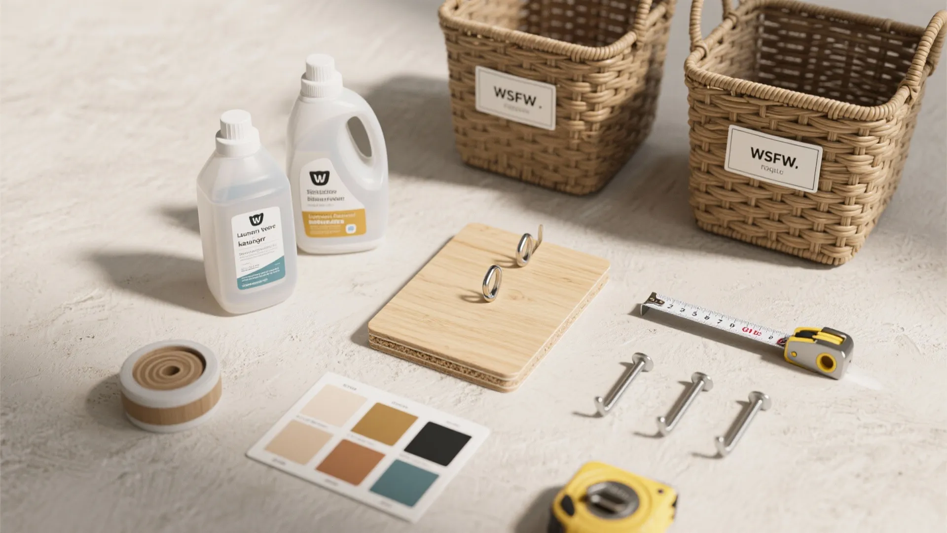 Top-down flatlay of labeled baskets, sealed detergent containers, hardware and material samples for laundry storage planning.