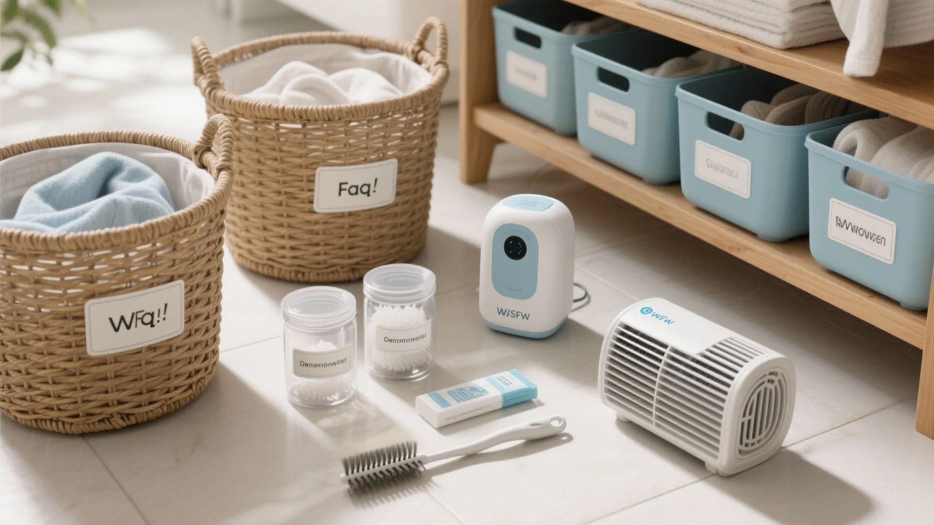 Laundry room floor with cleaning tools small white machines woven baskets and blue storage bins on