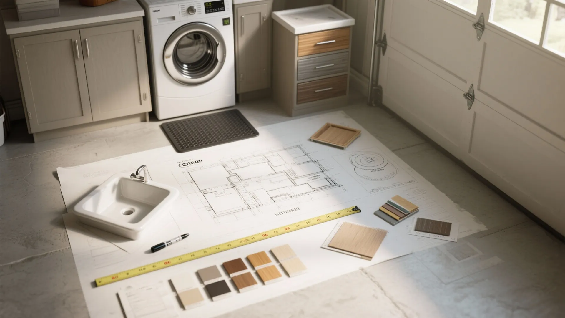 Flatlay of planning materials for a garage laundry: floor sketches, finish swatches, flooring samples and small hardware.