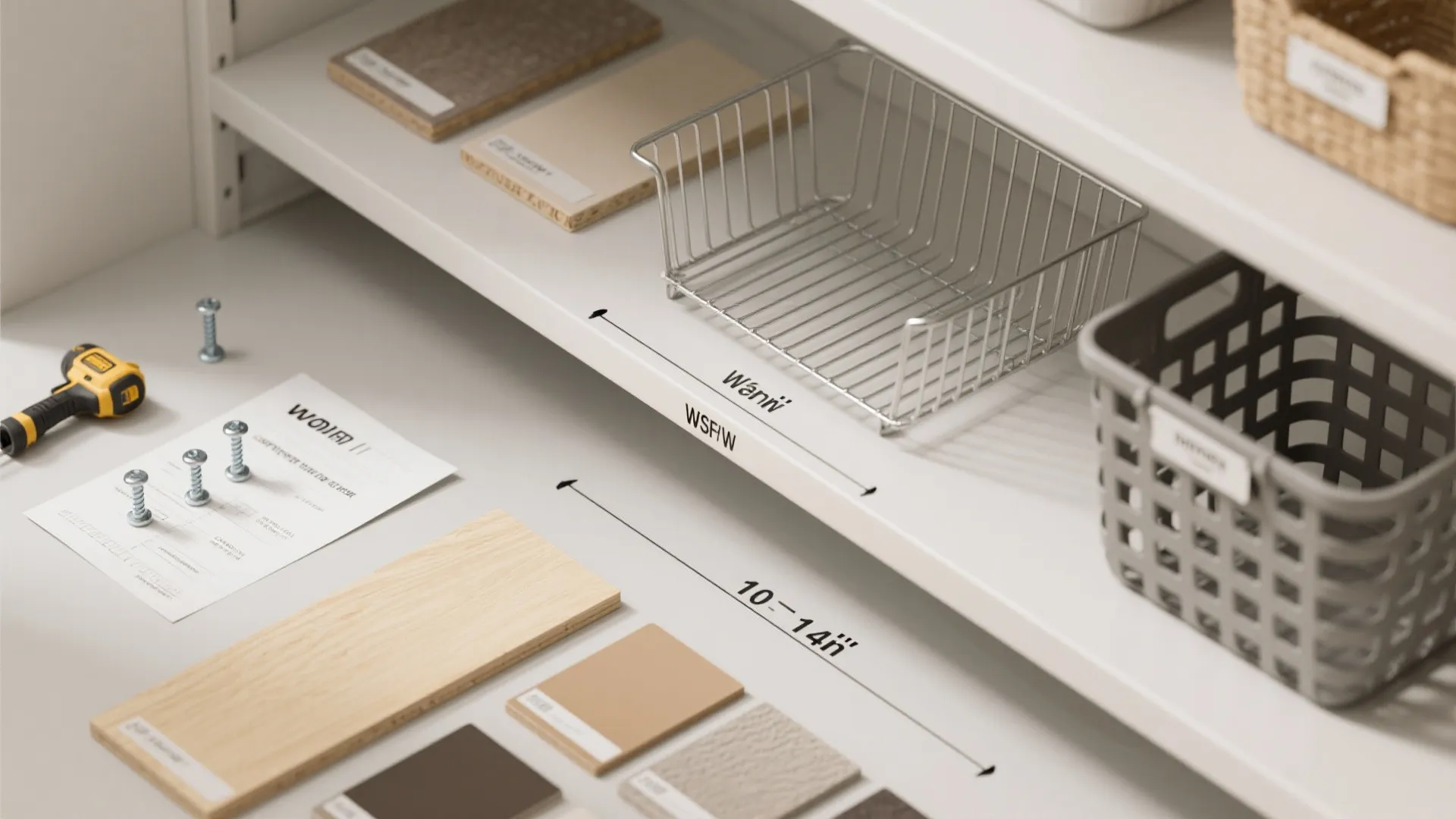 Interior storage design showing measurements for shelves with metal baskets and various wooden material samples