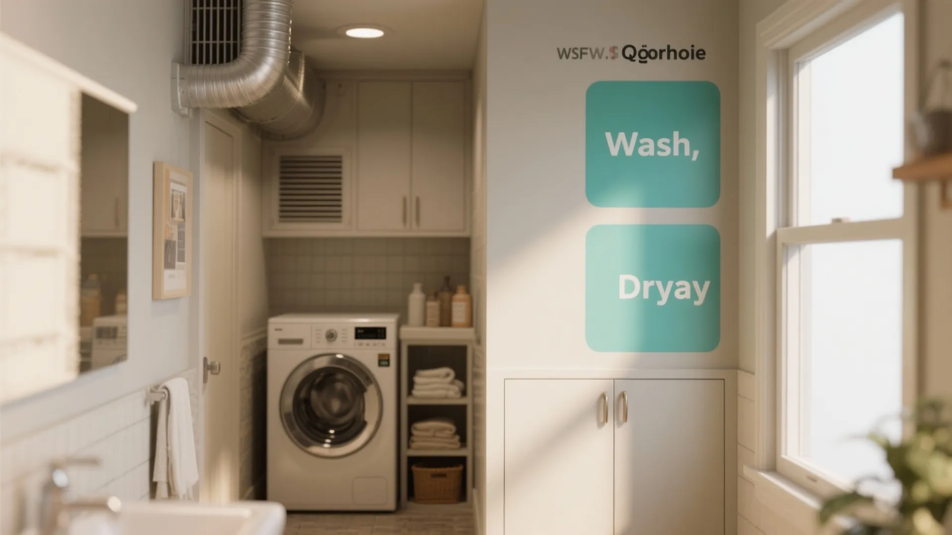 Modern laundry room with white washing machine white cabinets metal pipes towel and bright natural light
