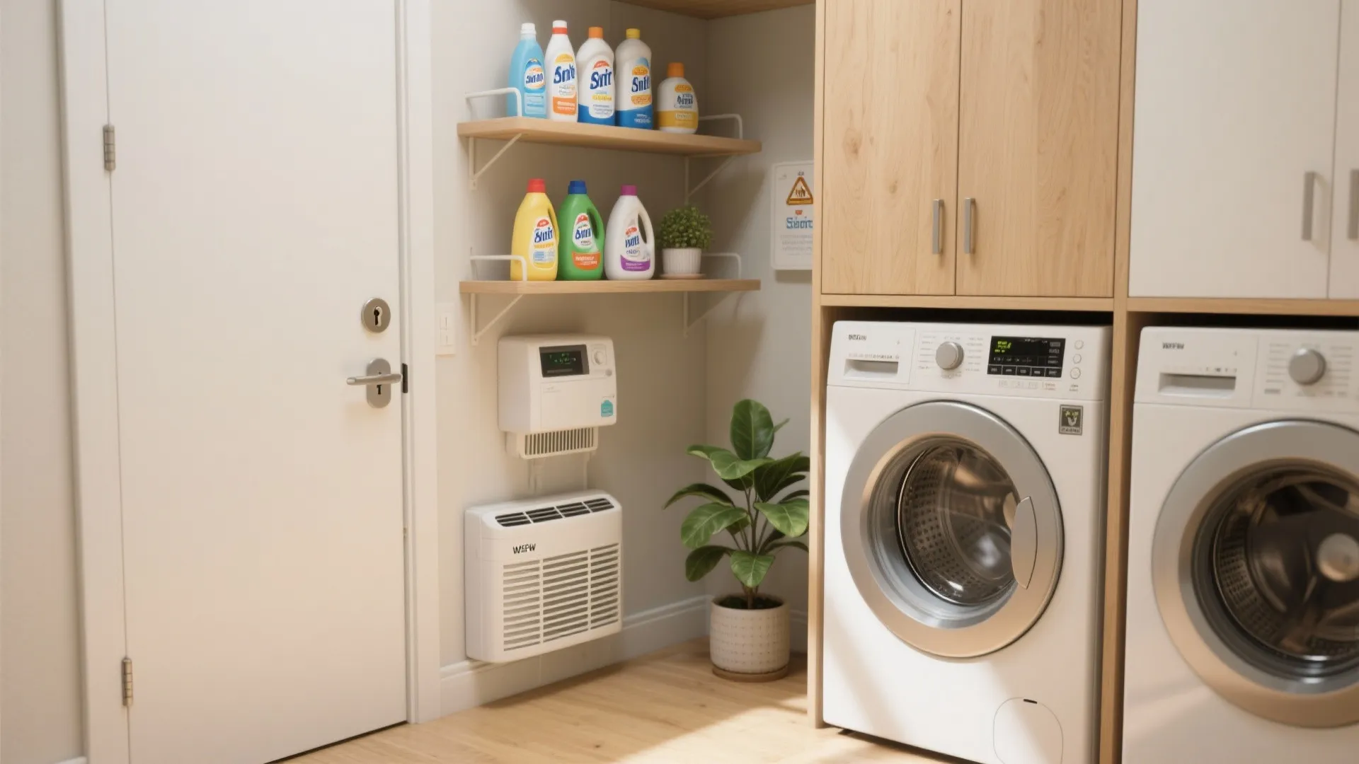 Laundry room with washing machines and wooden cabinets plus shelves holding many colorful detergent plastic bottles