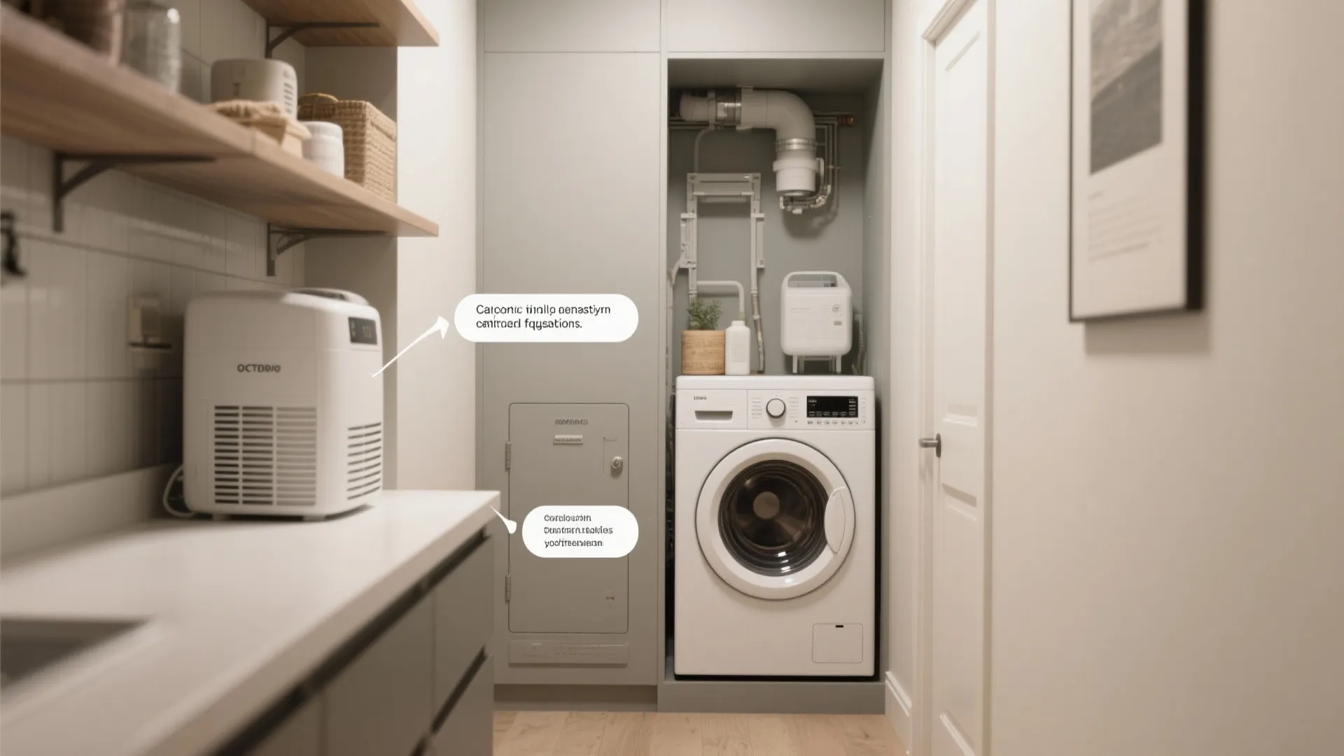 Laundry room interior design drawing showing washing machine and equipment with helpful text bubble labels