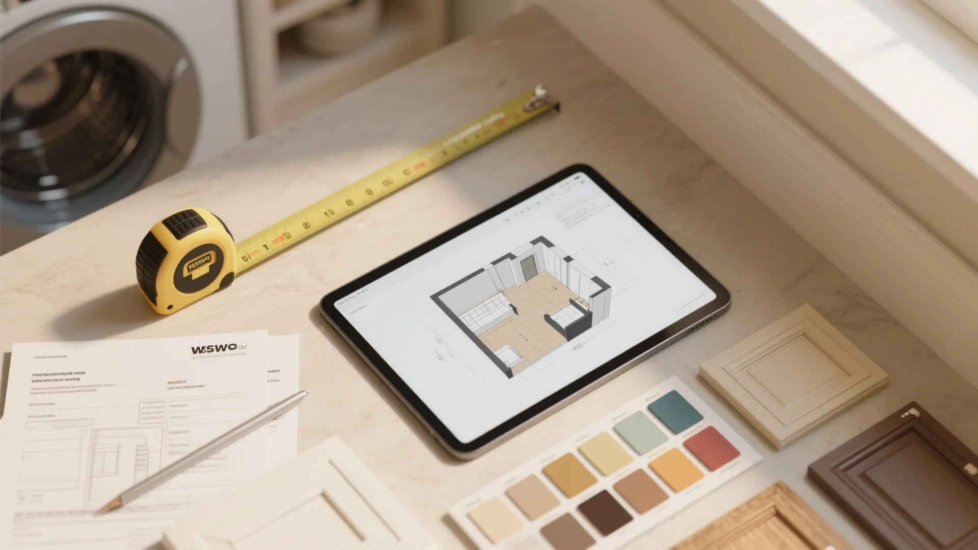 Tablet showing room layout design with tape measure color samples and interior design drawing on desk