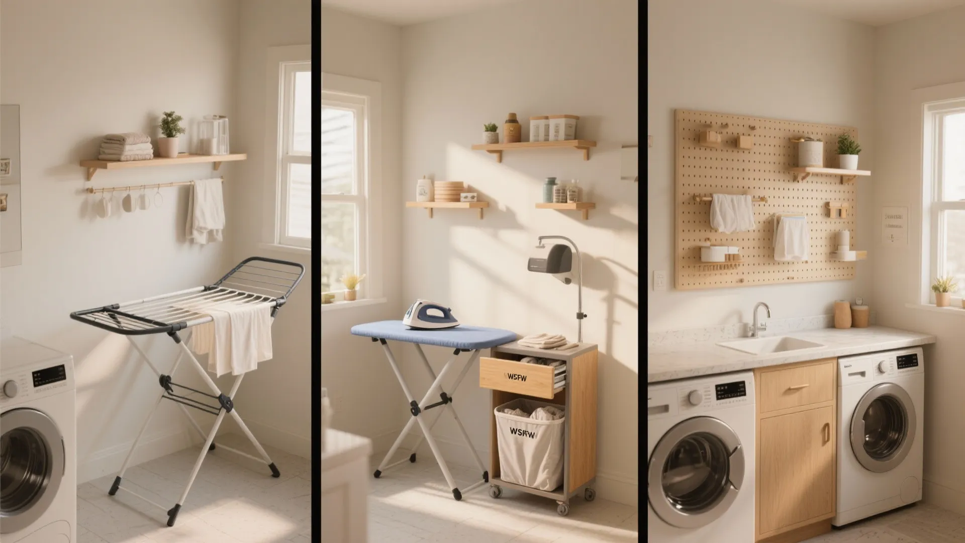 Composite of small laundry room accessories: drying rack, fold-out ironing station, pull-out hampers, pegboard storage, and countertop.