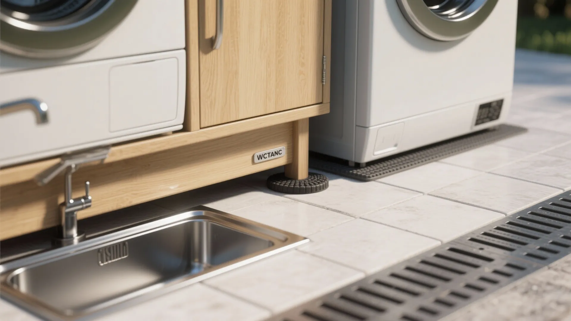 Close up view of washing machine next to wooden cabinet and silver kitchen water sink