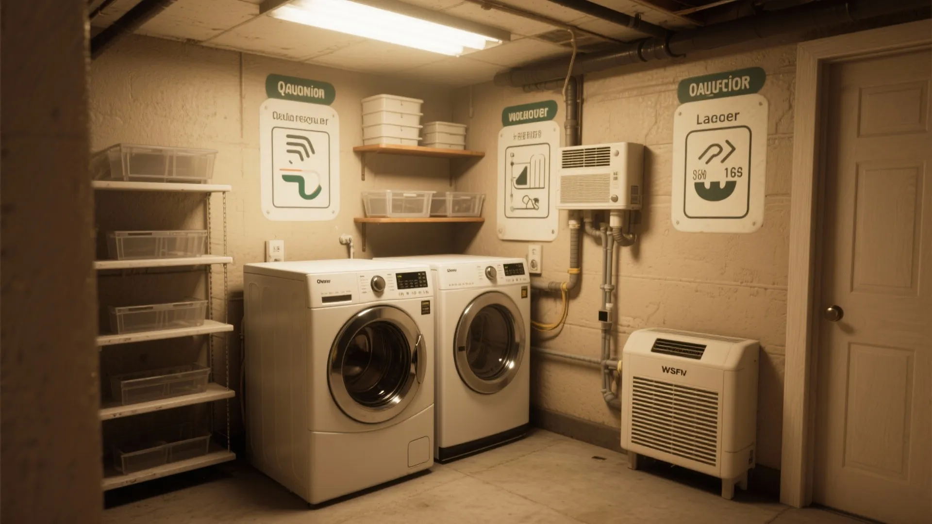 Basement laundry area with side by side washer dryer white storage shelves and wall signs