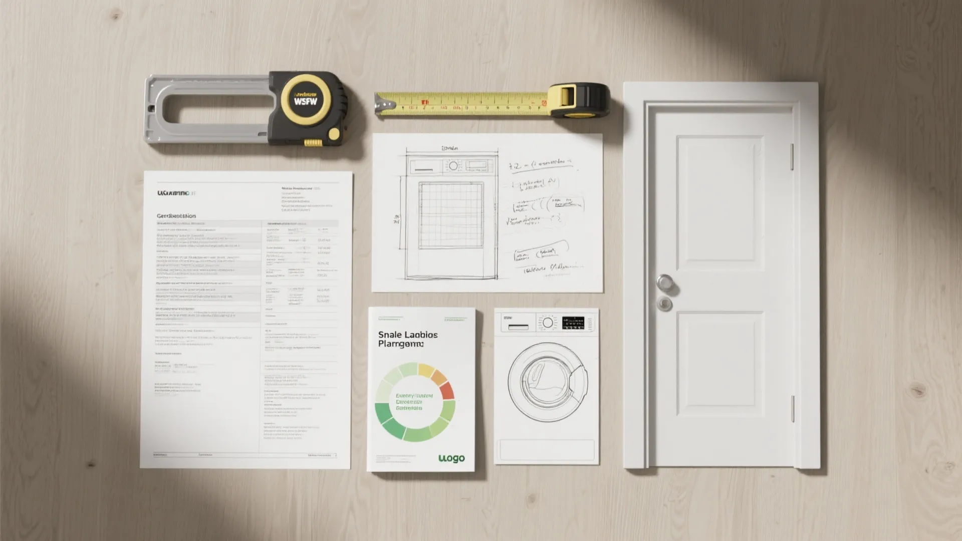 Top-down flatlay of appliance specs, tape measure and sketches for planning a compact laundry
