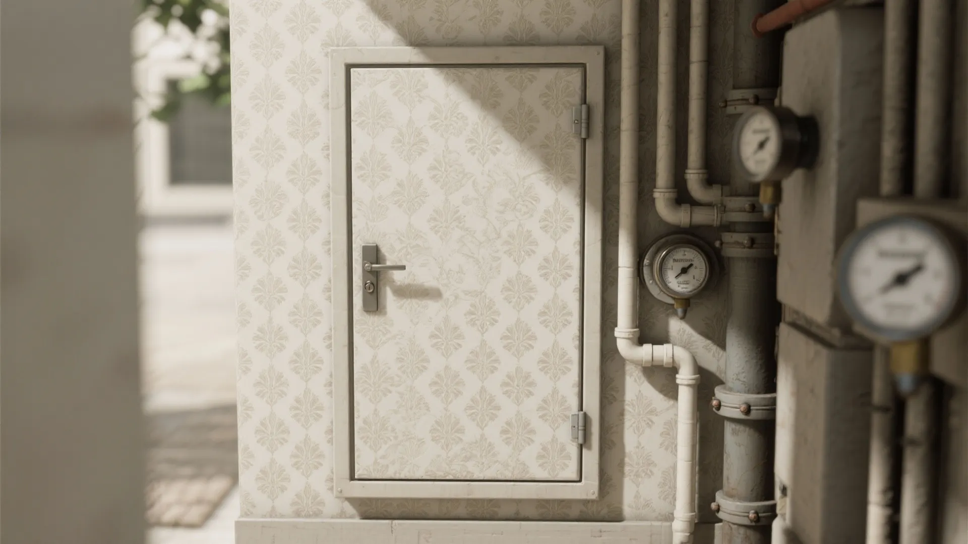 Wallpaper-wrapped hinged access panel blending into a laundry room wall to hide pipes and meters.